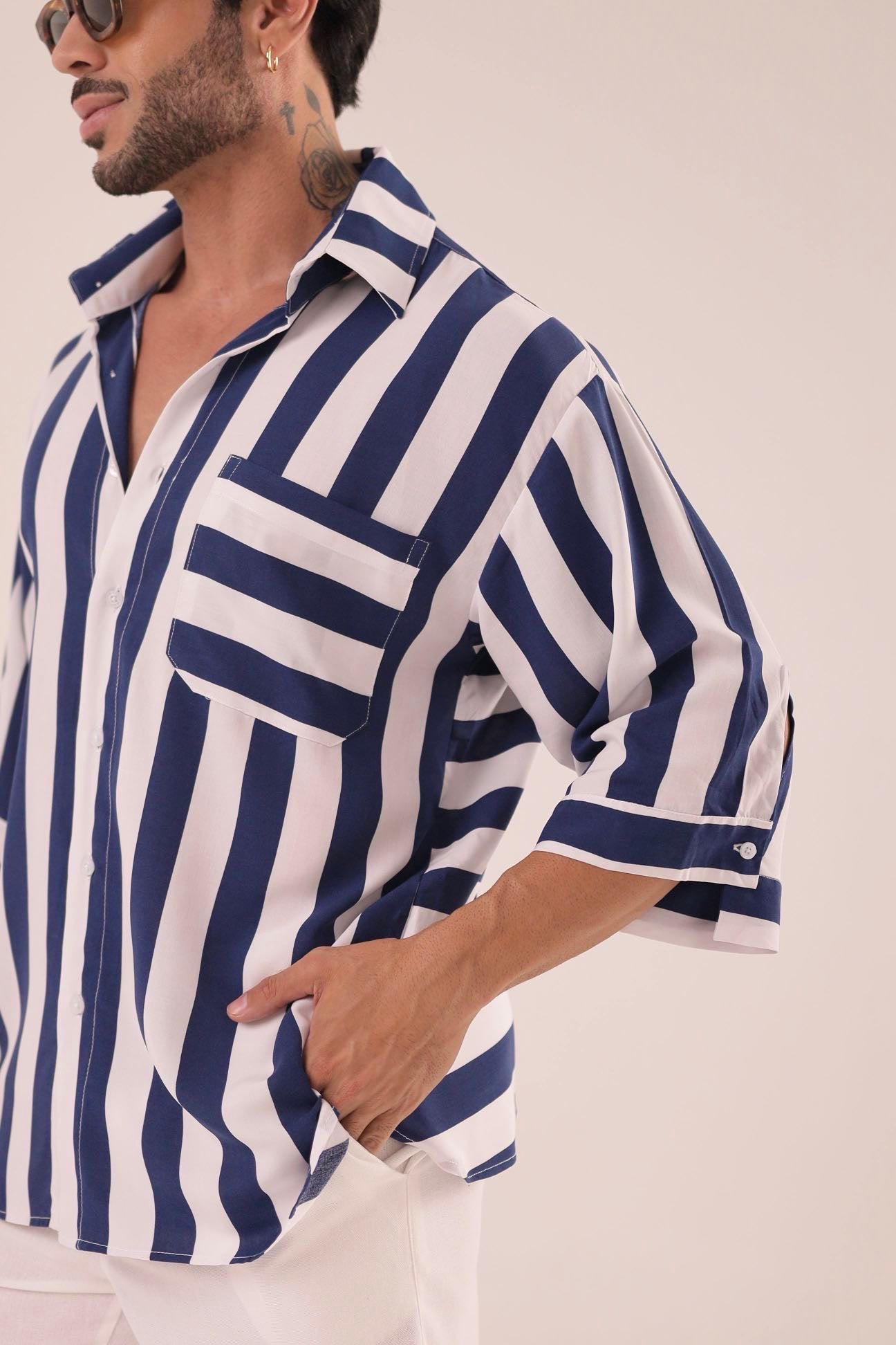 Camisa Listras Oversized Azul