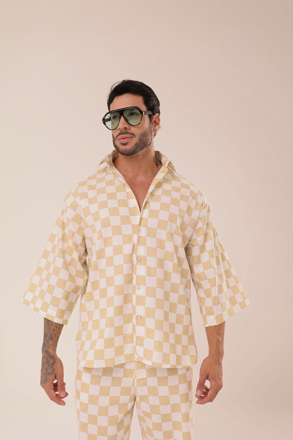 Camisa Linho Oversized de Grid Amarela