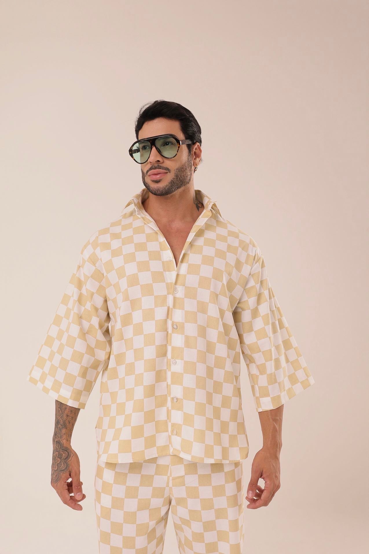 Camisa Linho Oversized de Grid Amarela