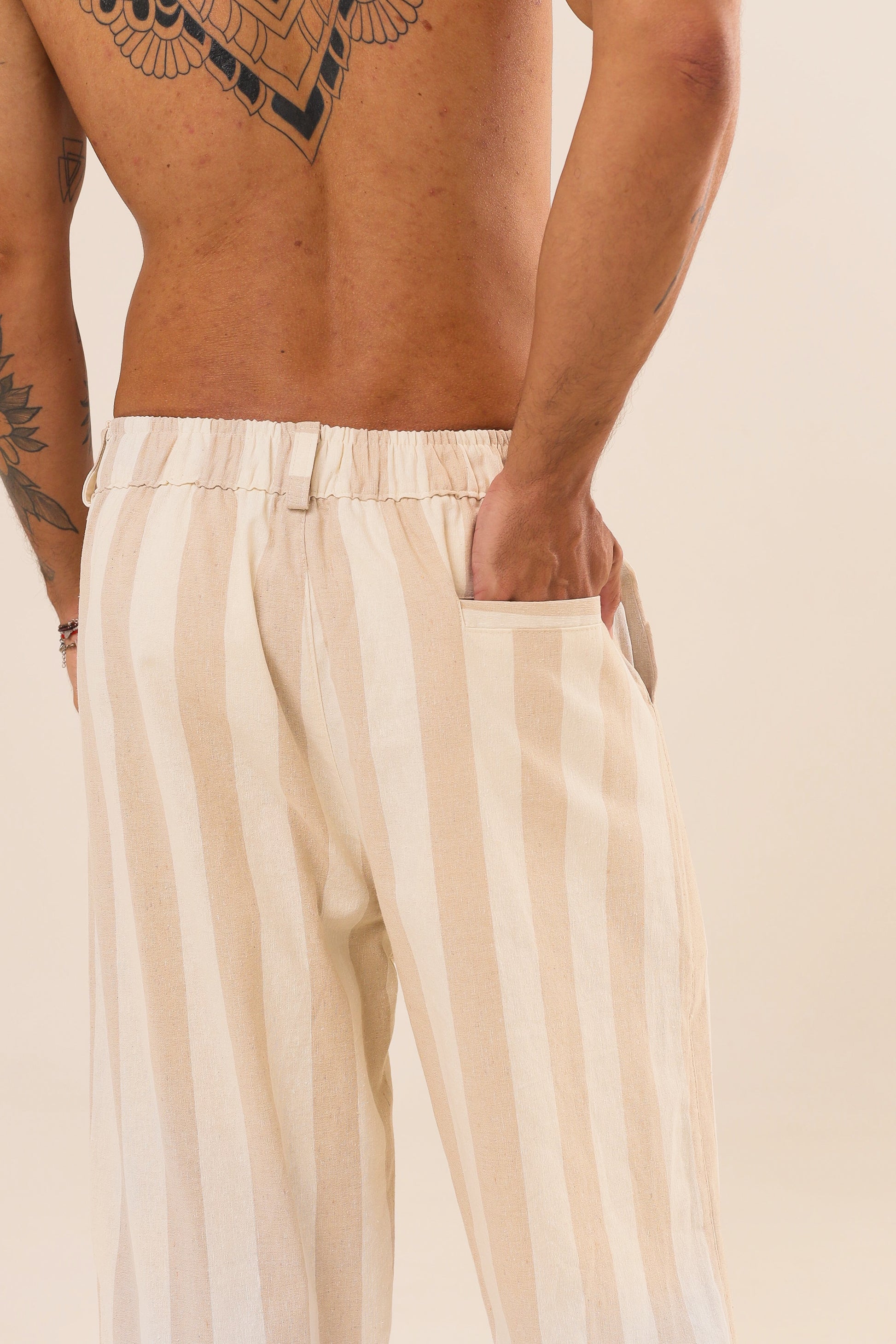 Calça Linho Reta Listras Bege