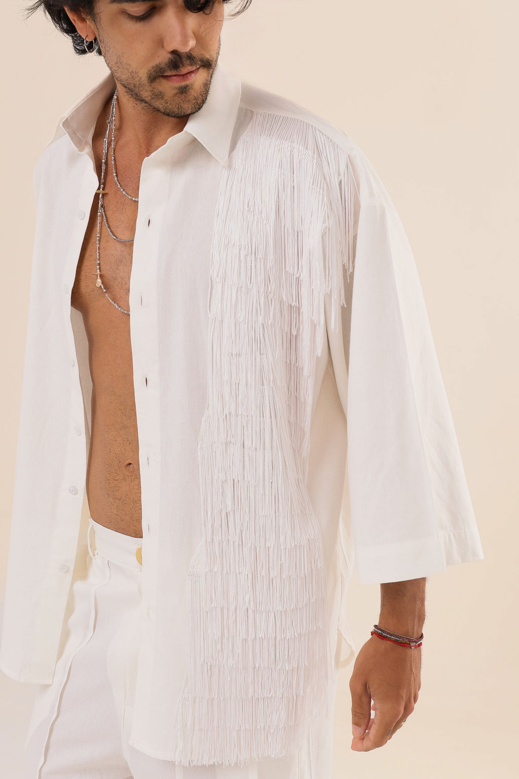 Camisa Linho Oversized Franjas Branca