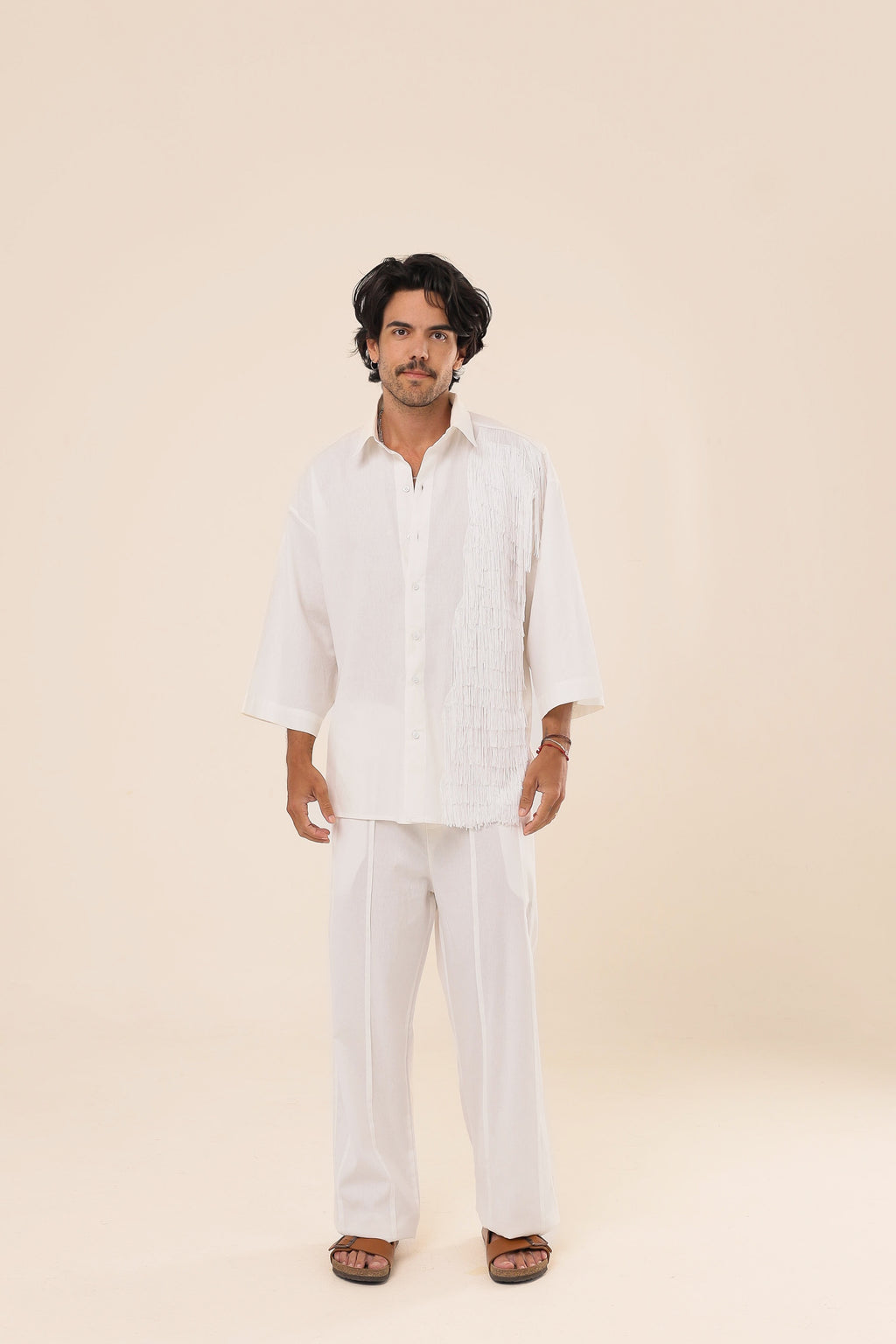 Camisa Linho Oversized Franjas Branca