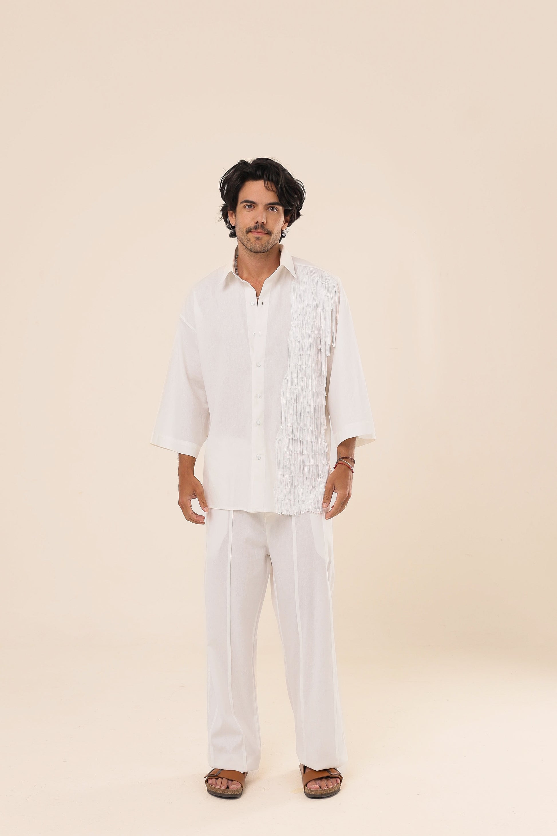 Camisa Linho Oversized Franjas Branca