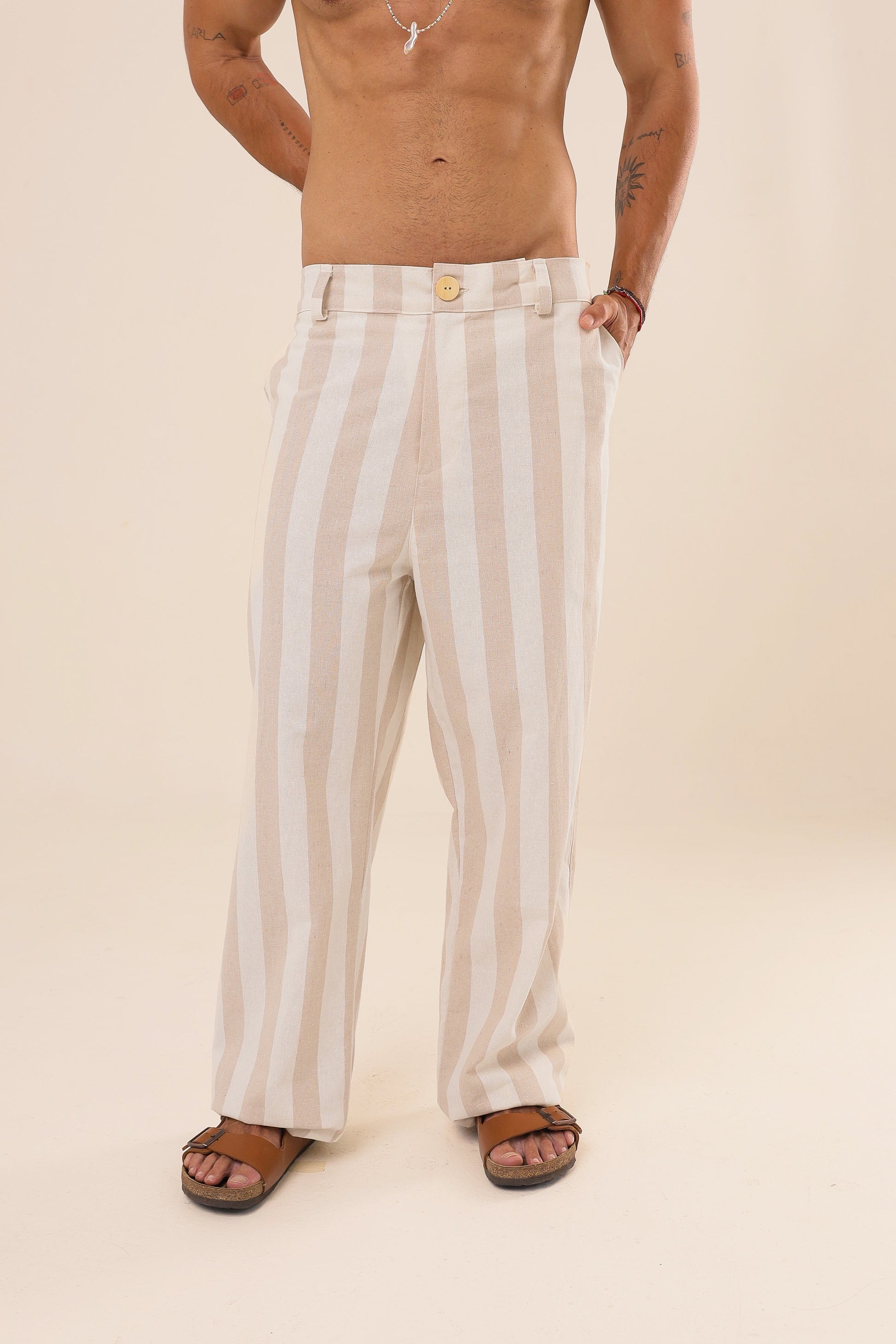 Calça Linho Reta Listras Bege