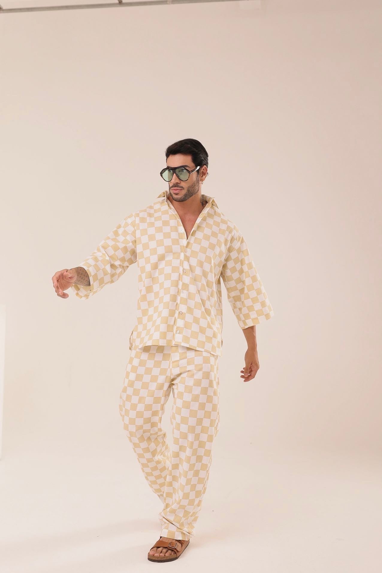 Camisa Linho Oversized de Grid Amarela