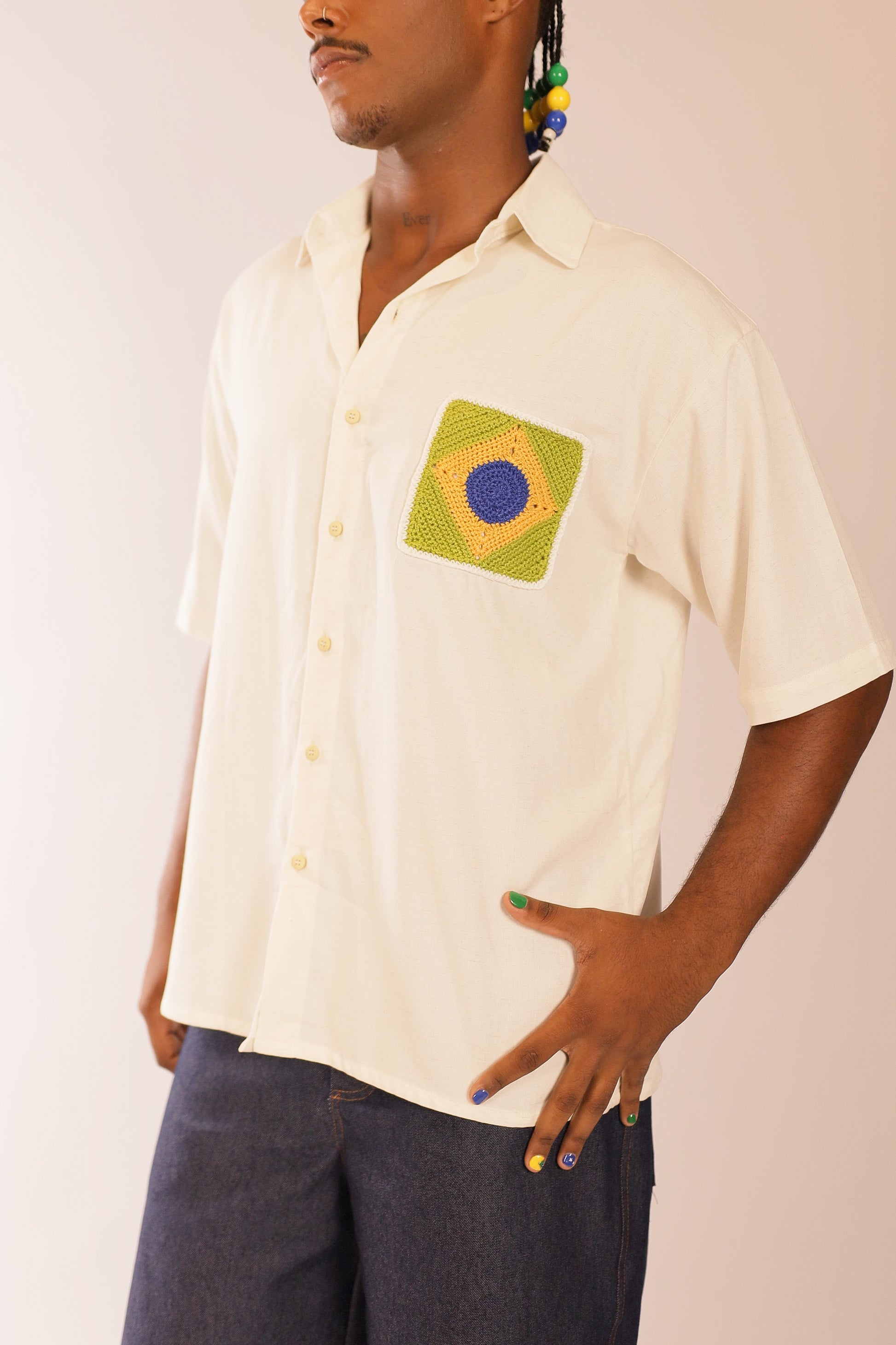 Camisa Linho Bandeira Crochê