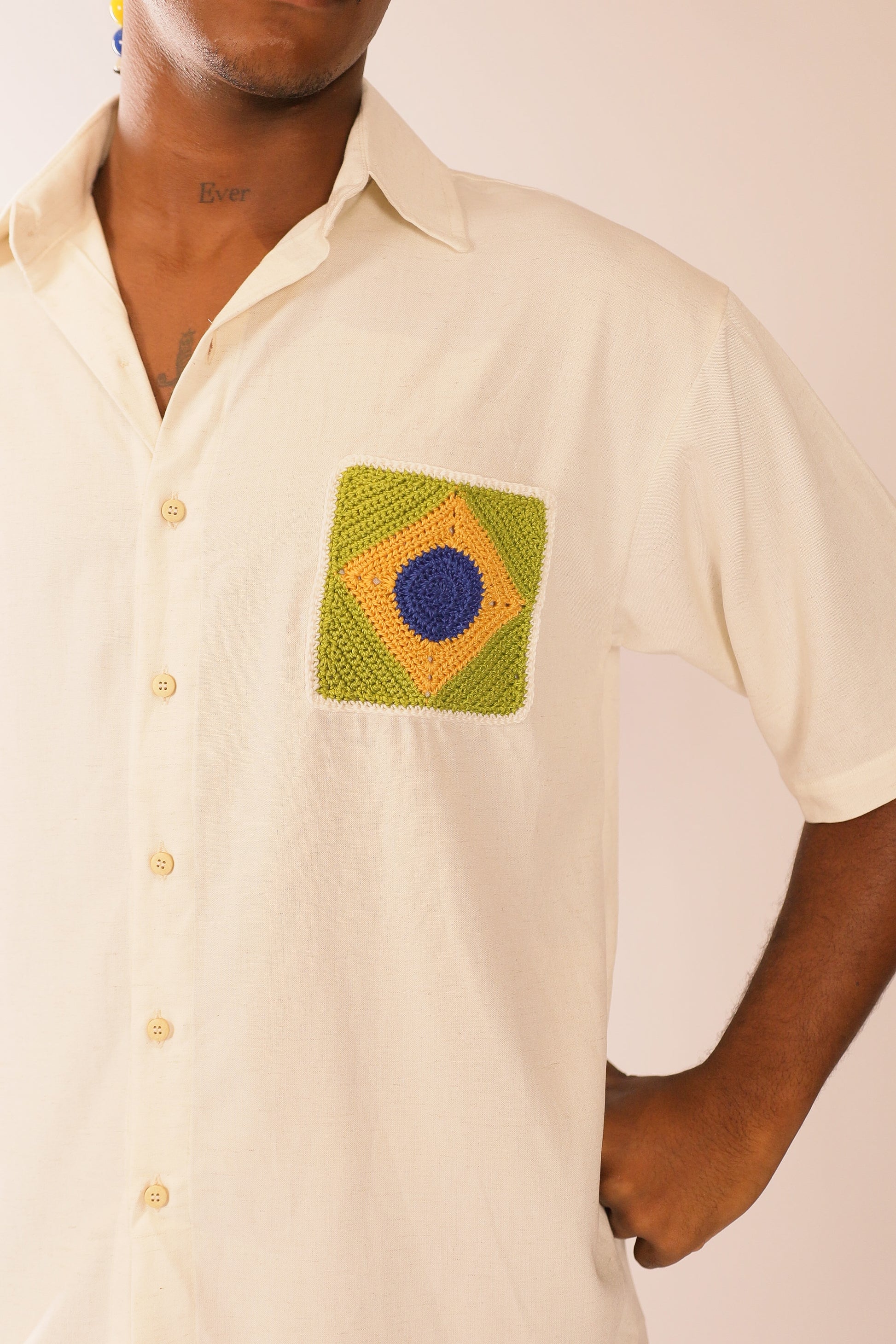 Camisa Linho Bandeira Crochê