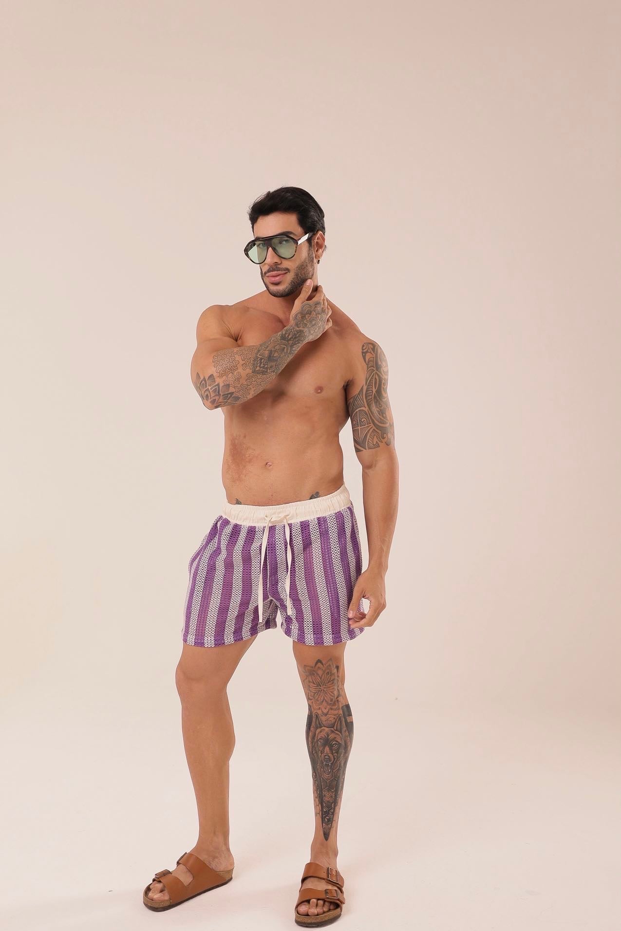 Short Listrado Roxoㅤ ㅤㅤㅤㅤㅤㅤㅤㅤㅤㅤㅤ
