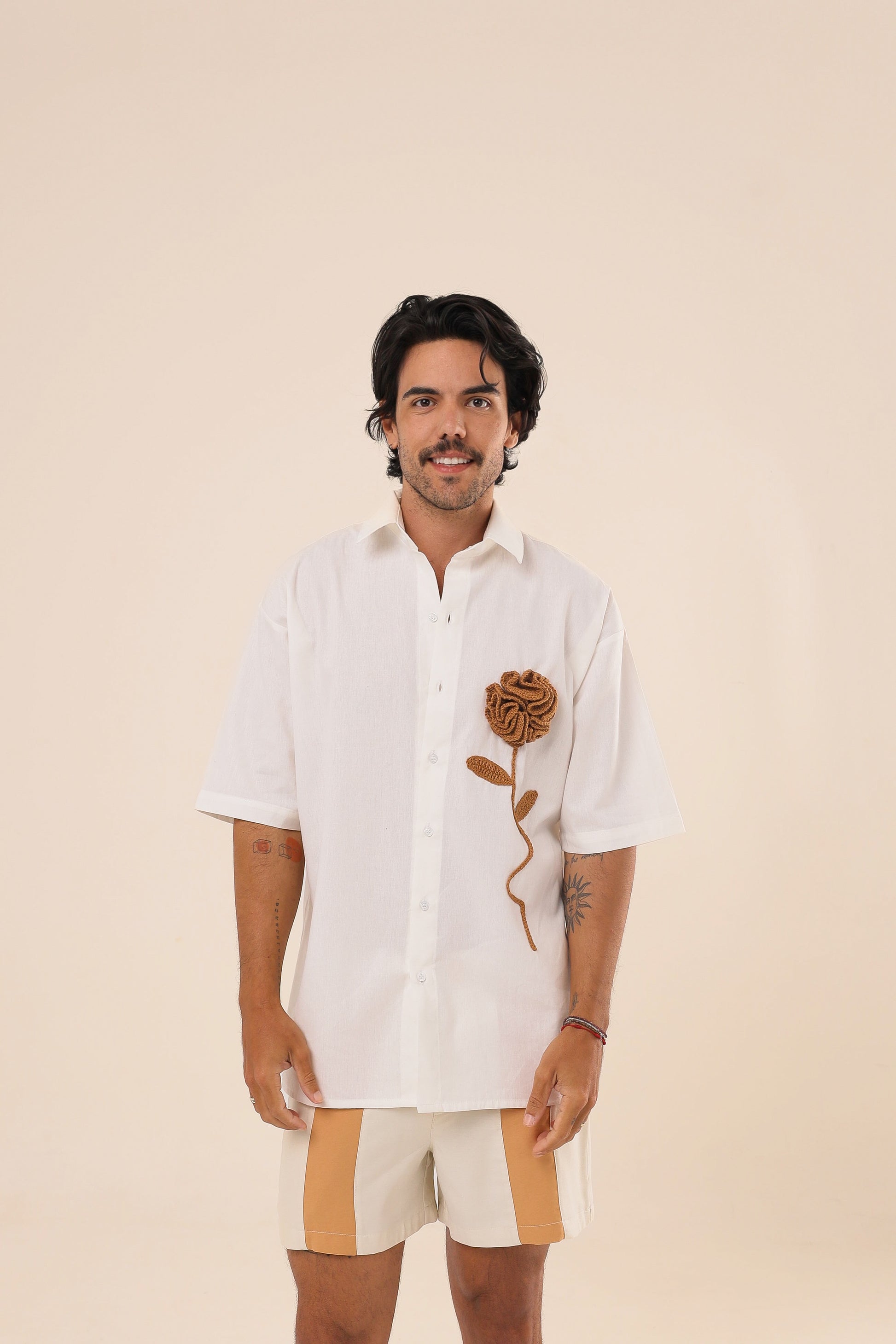 Camisa Linho Rosa Crochê Branca