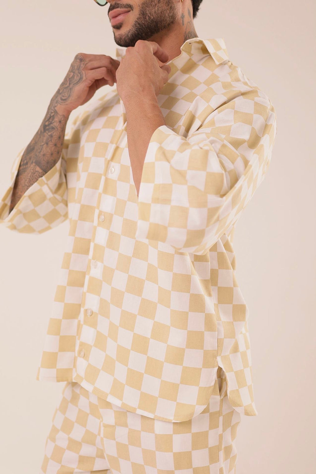 Camisa Linho Oversized de Grid Amarela
