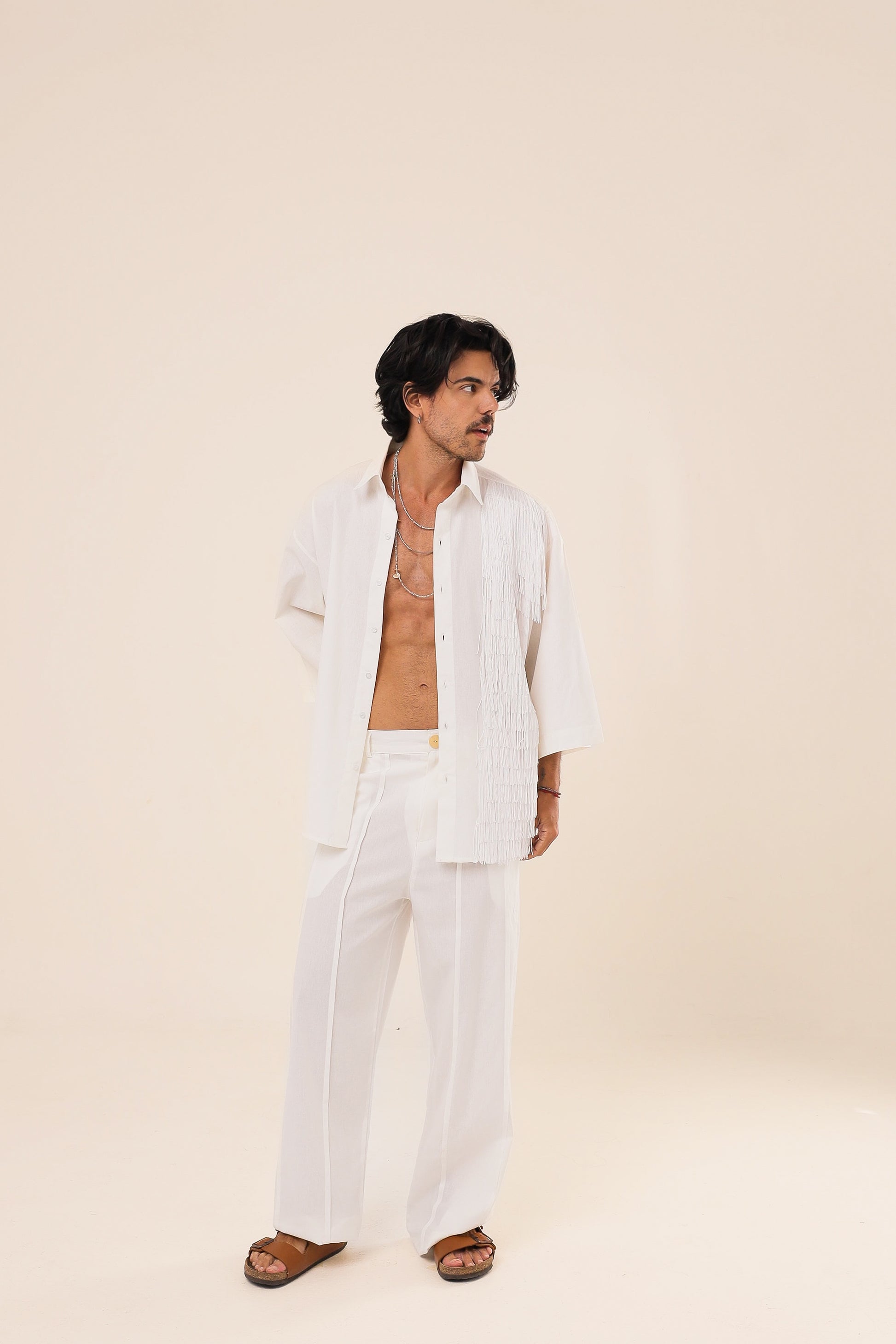 Camisa Linho Oversized Franjas Branca