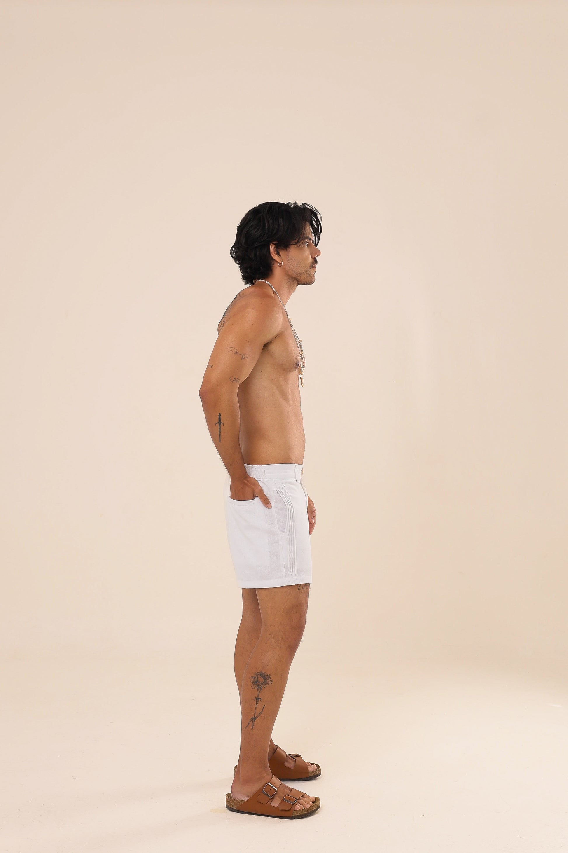 Short Linho Alfaiataria Nervuras Branco