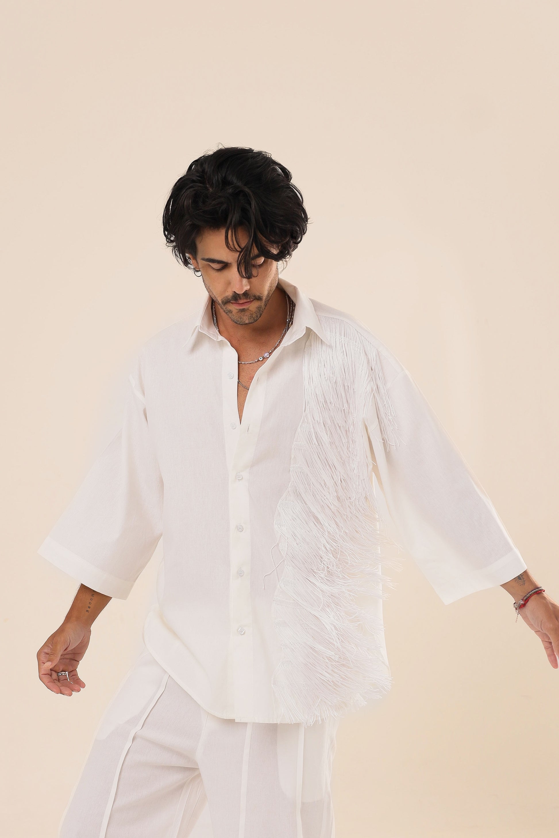 Camisa Linho Oversized Franjas Branca