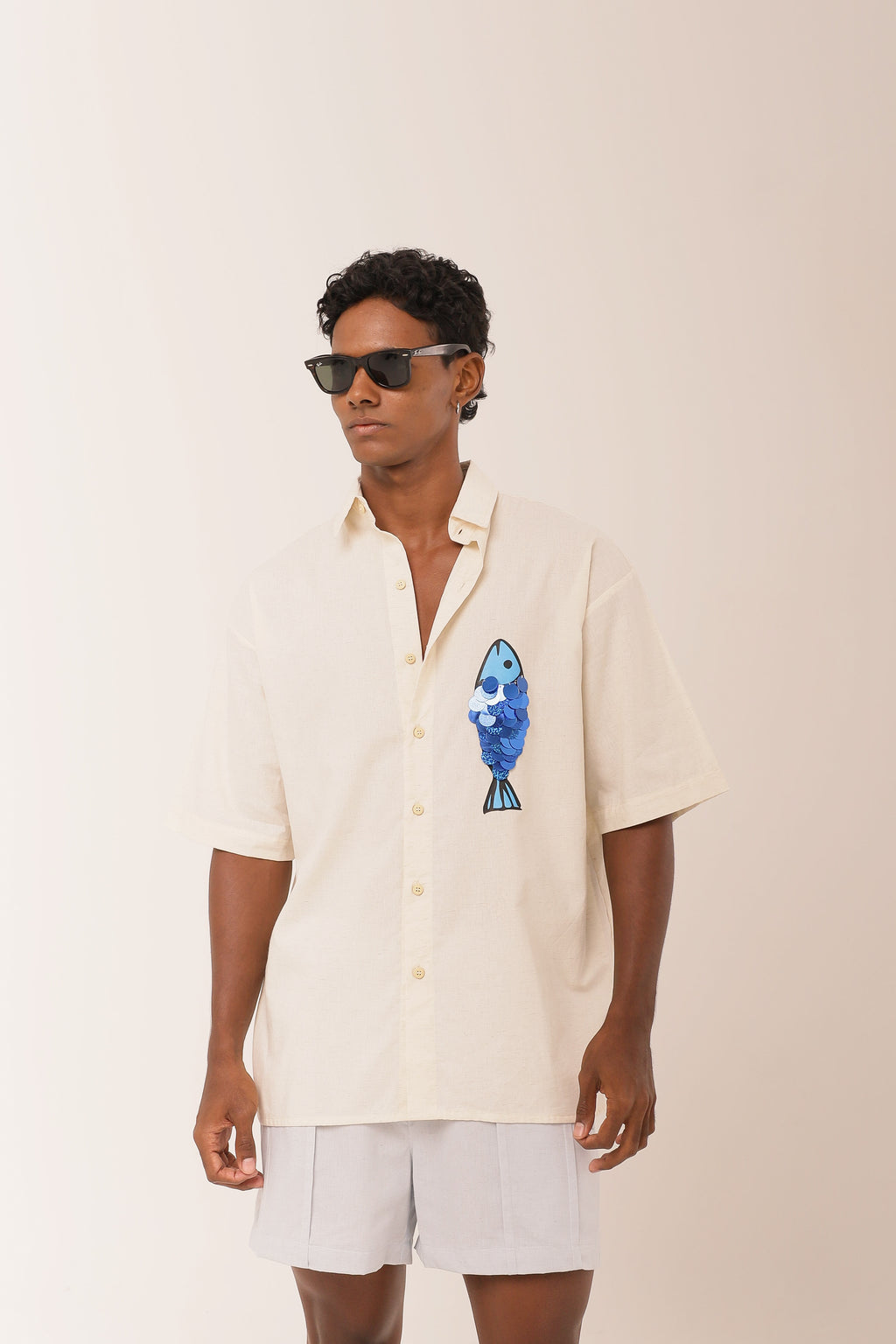 Camisa Linho Peixe Paetê Off White