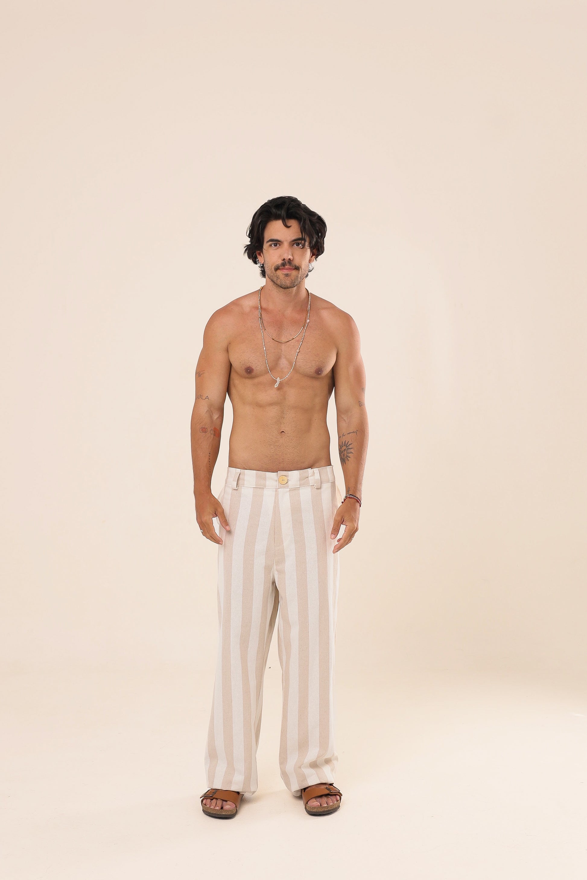 Calça Linho Reta Listras Bege