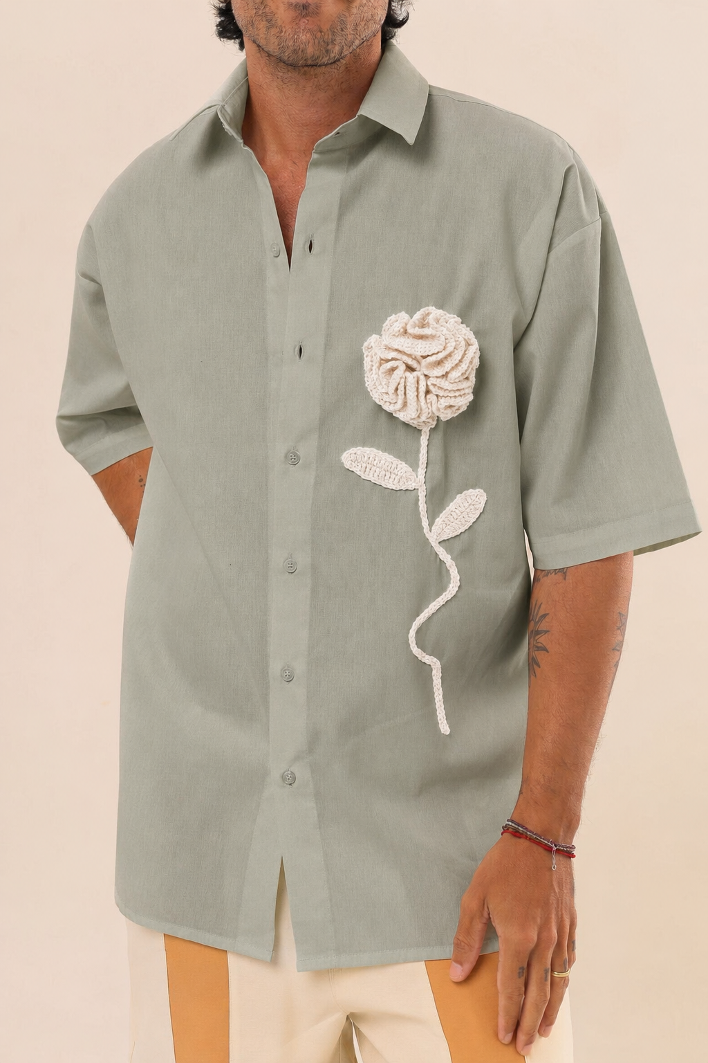 Camisa Linho Rosa Crochê