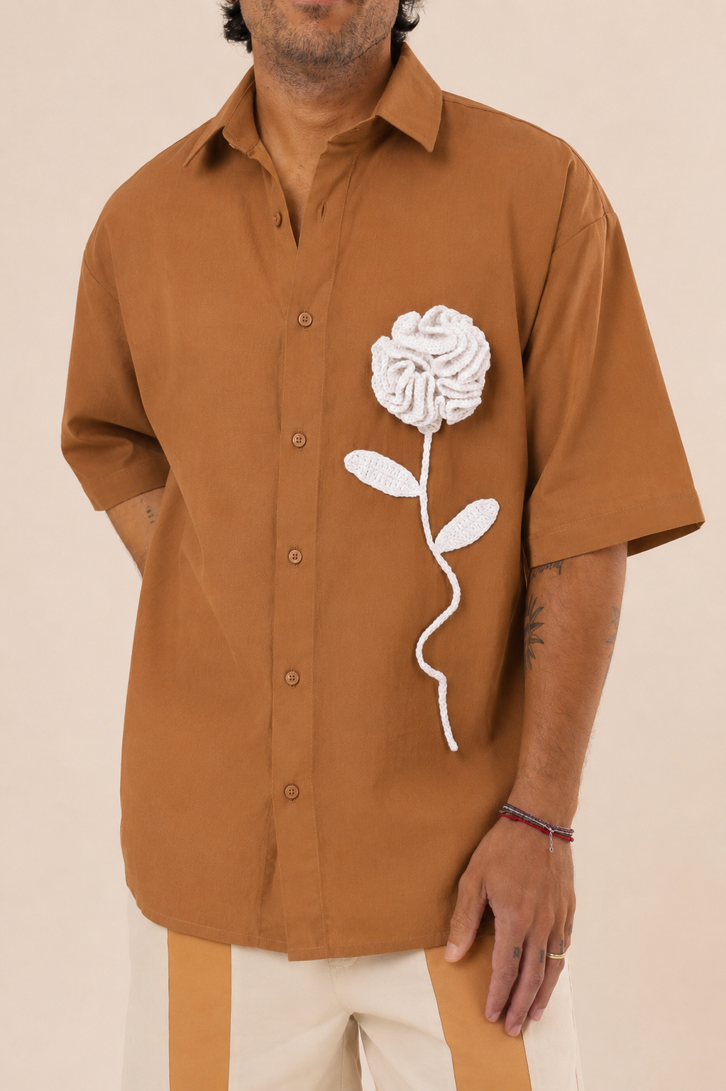Camisa Linho Rosa Crochê