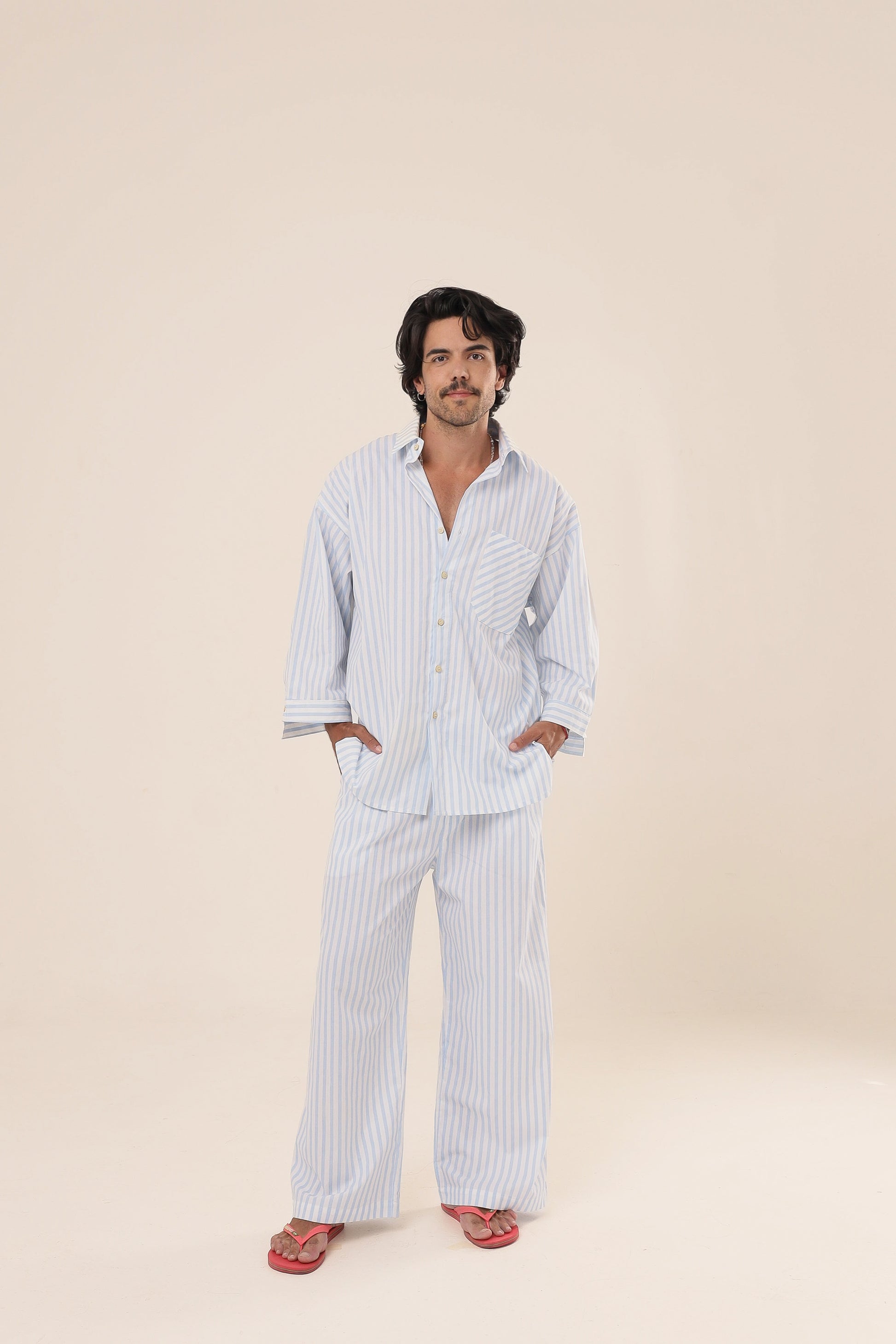 Camisa Listras Oversized Azul Claro