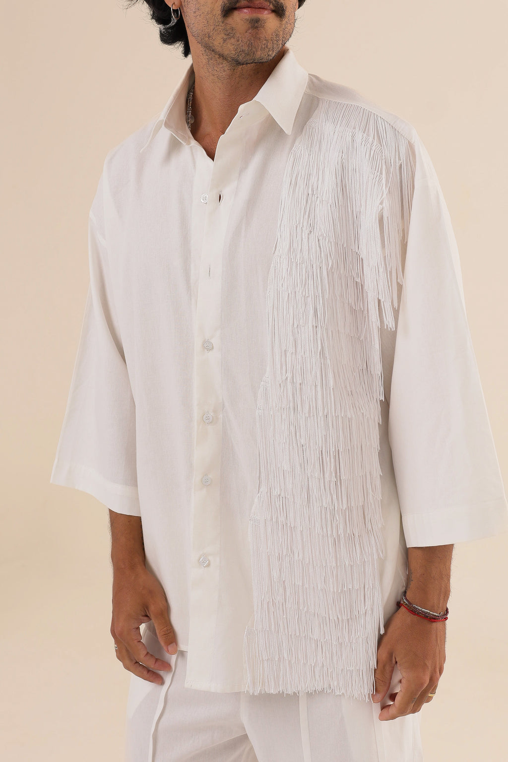 Camisa Linho Oversized Franjas Branca