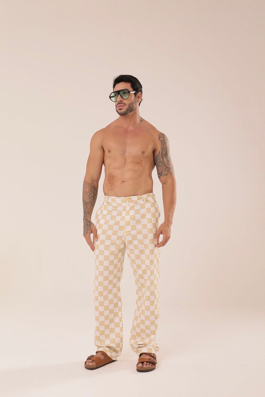 Calça Linho Alfaiataria de Grid Amarelaㅤ