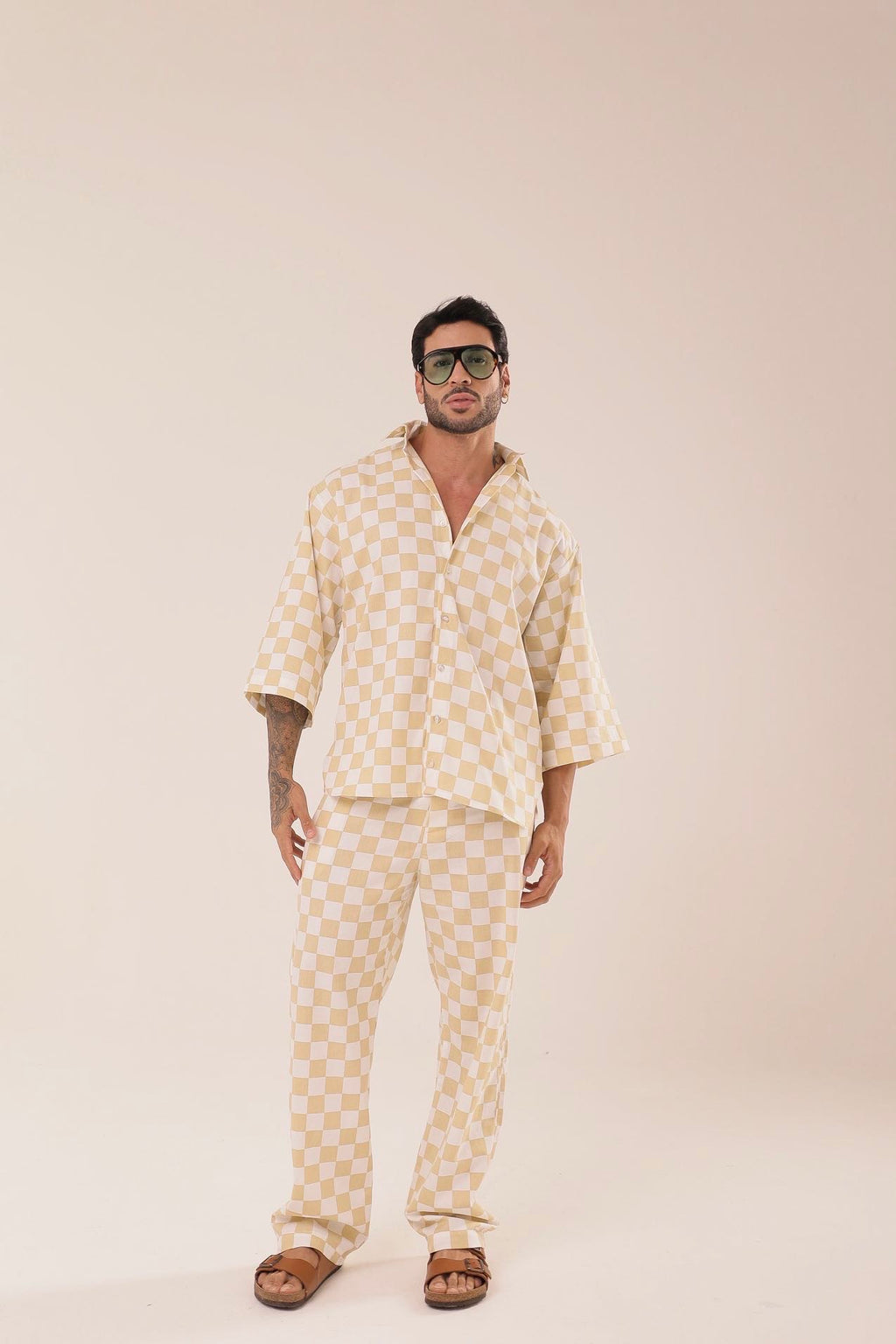 Camisa Linho Oversized de Grid Amarela