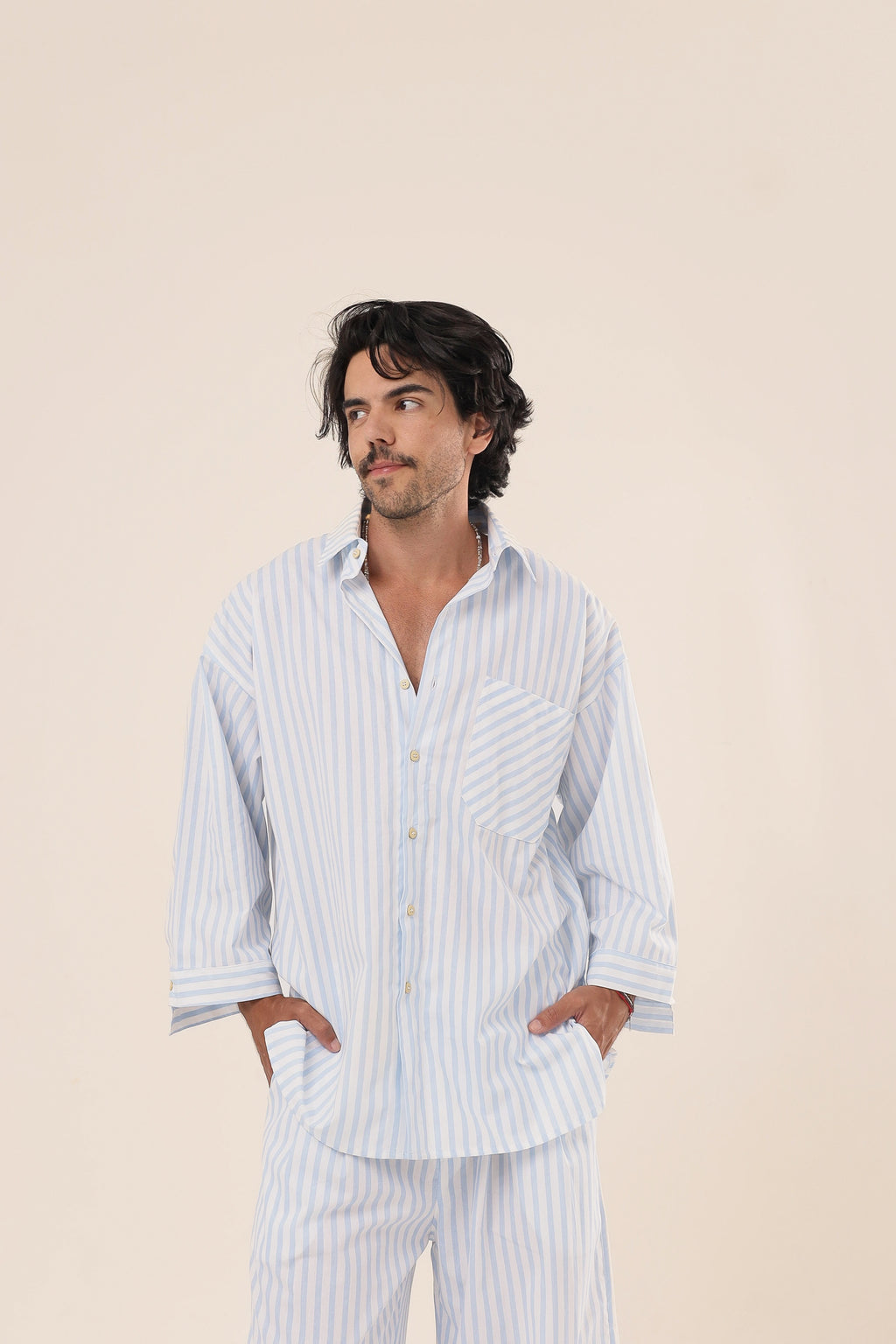 Camisa Listras Oversized Azul Claro