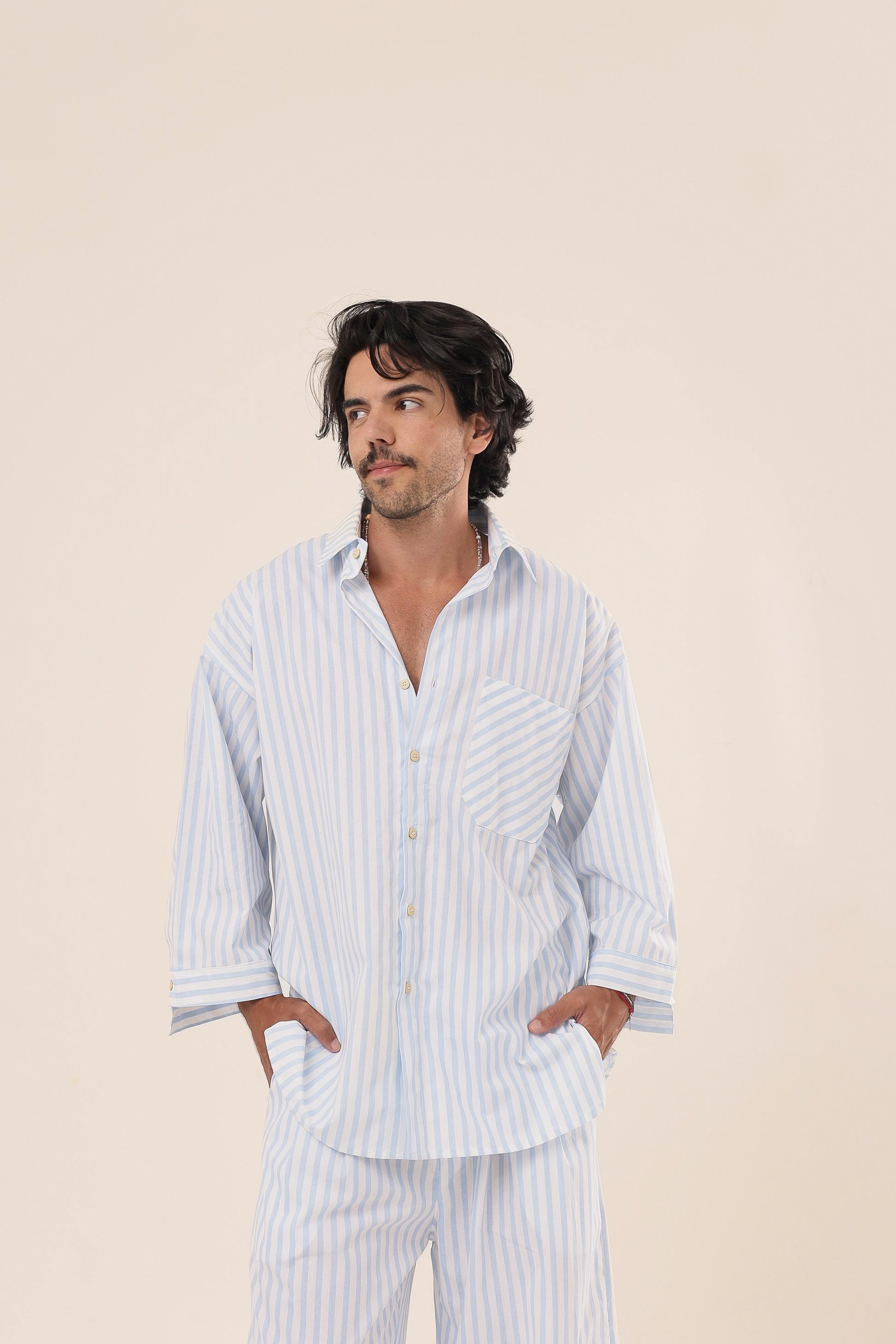 Camisa Listras Oversized Azul Claro