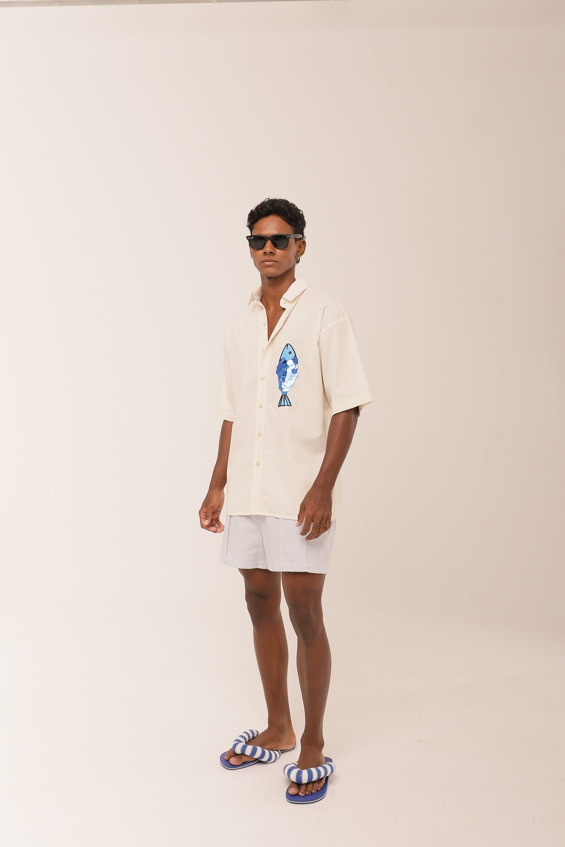 Camisa Linho Peixe Paetê Off White