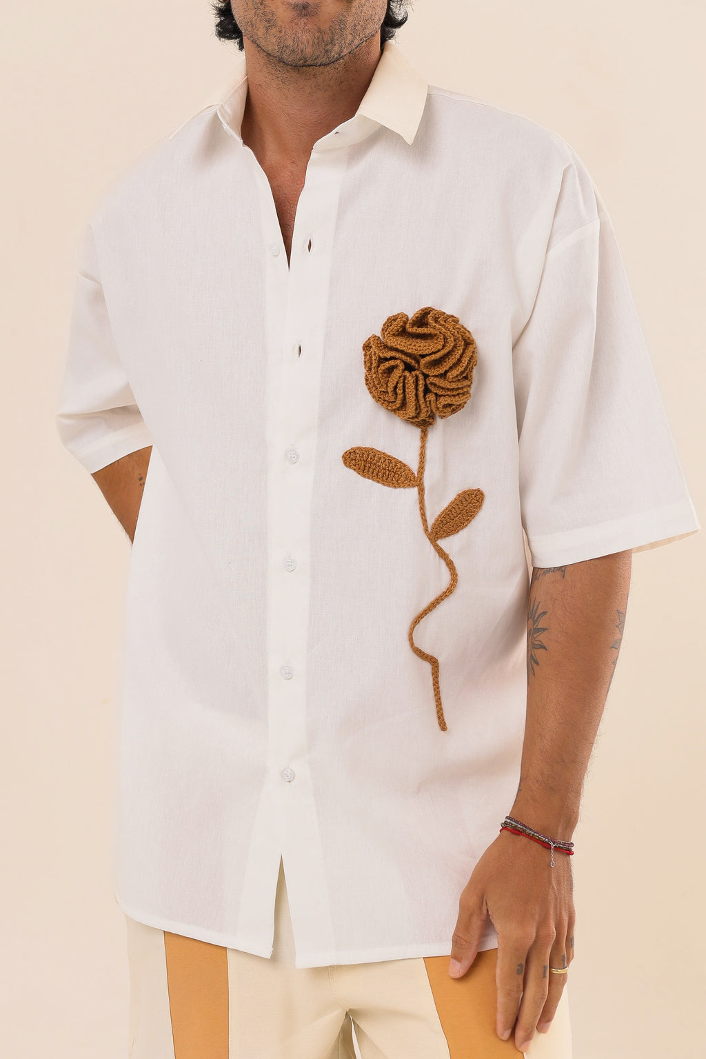 Camisa Linho Rosa Crochê Branca