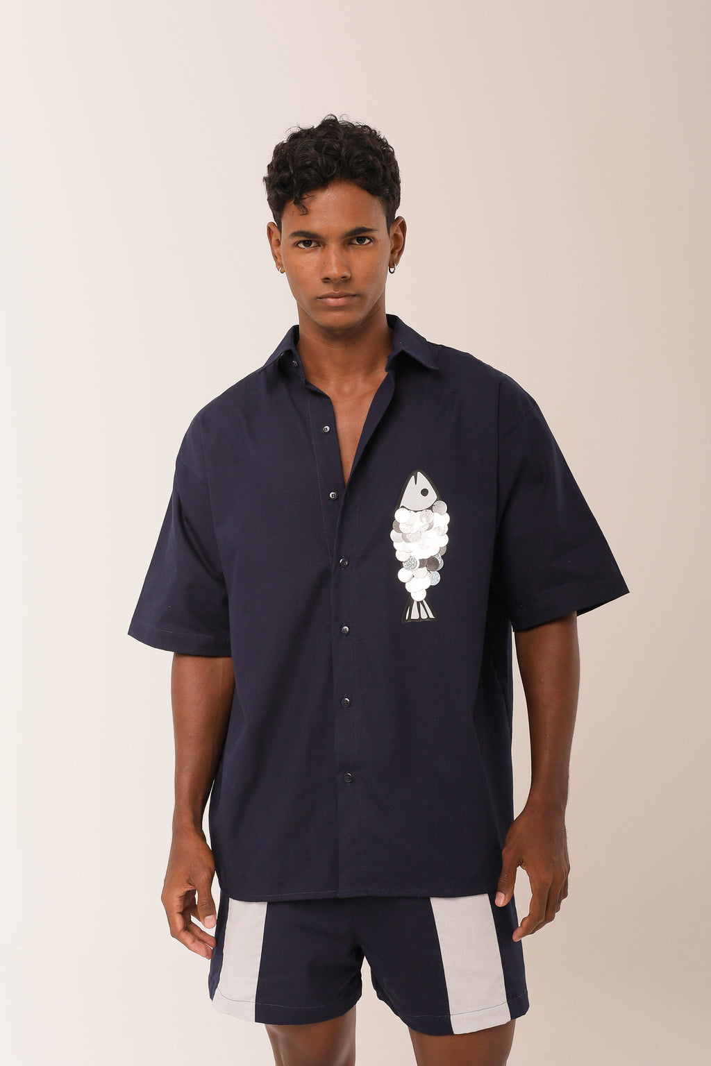 Camisa Linho Peixe Paetê Marinho