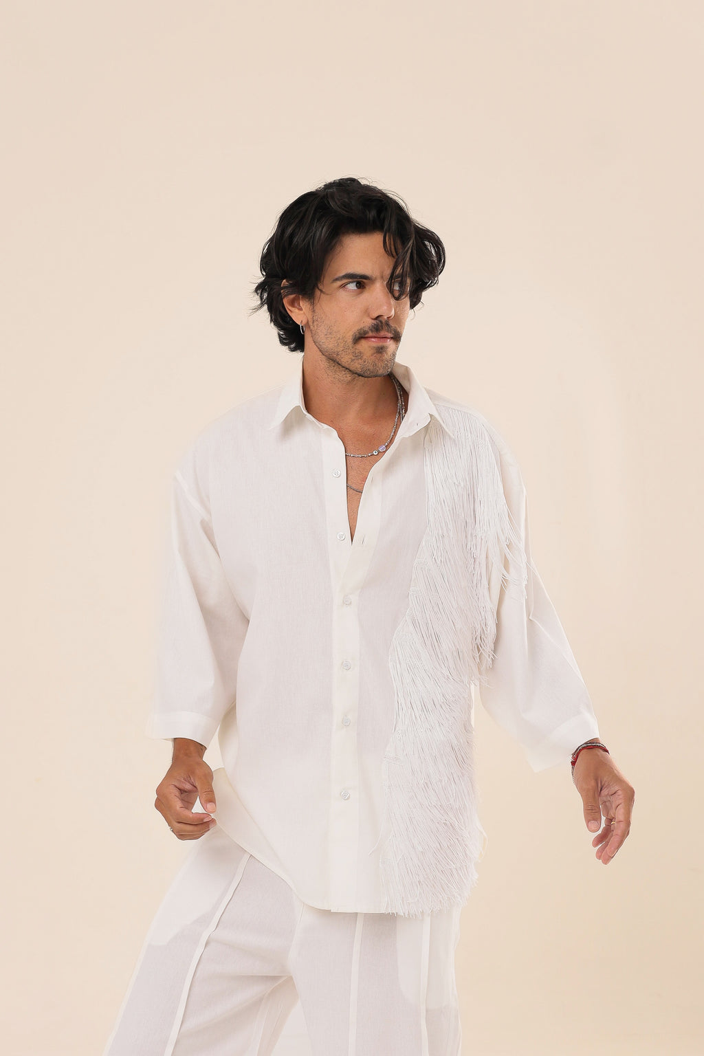 Camisa Linho Oversized Franjas Branca