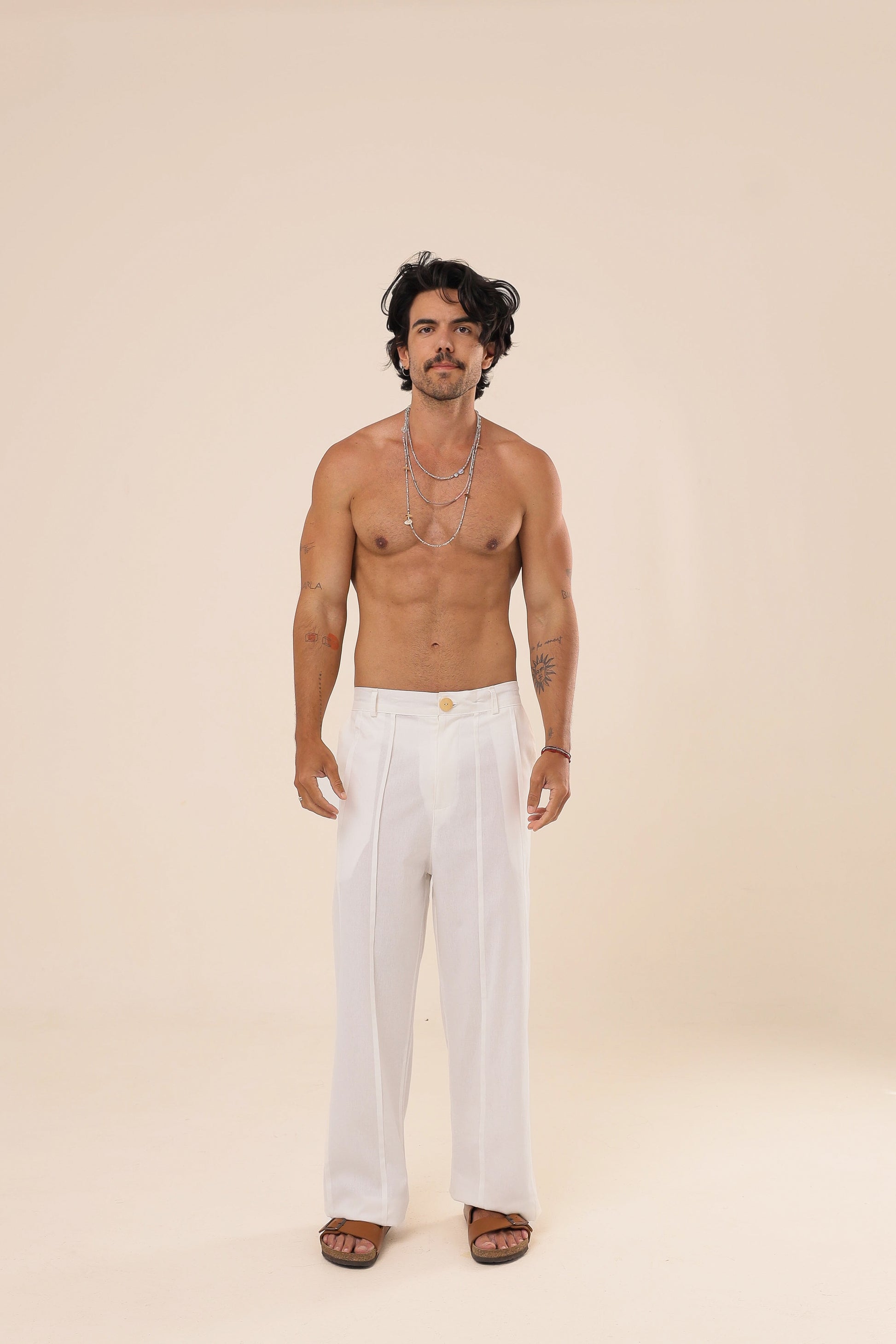 Calça Linho Reta Nervuras Branca