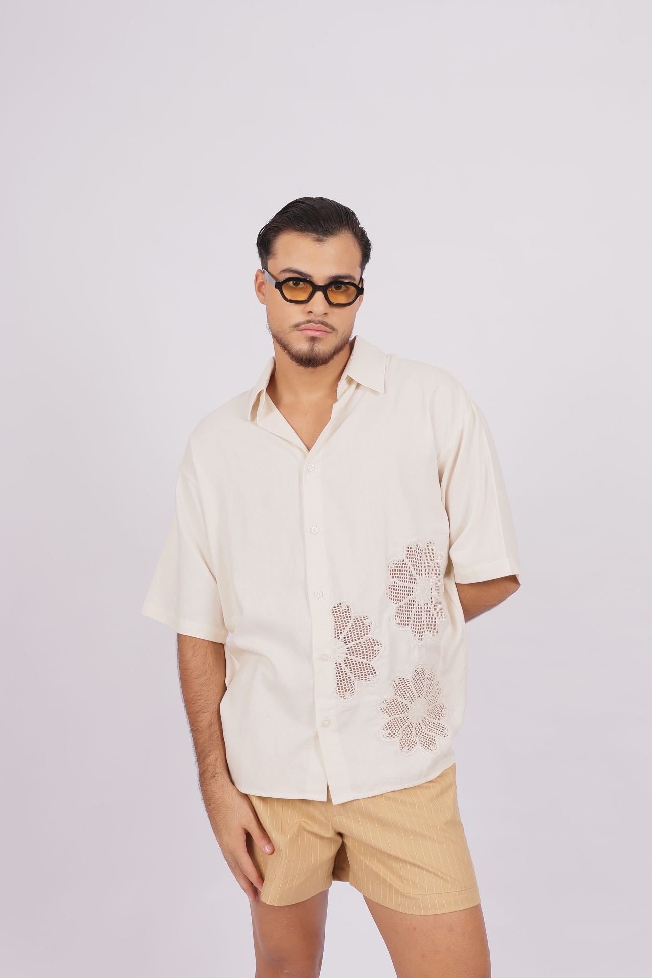 Camisa Linho Flores Renda Off White