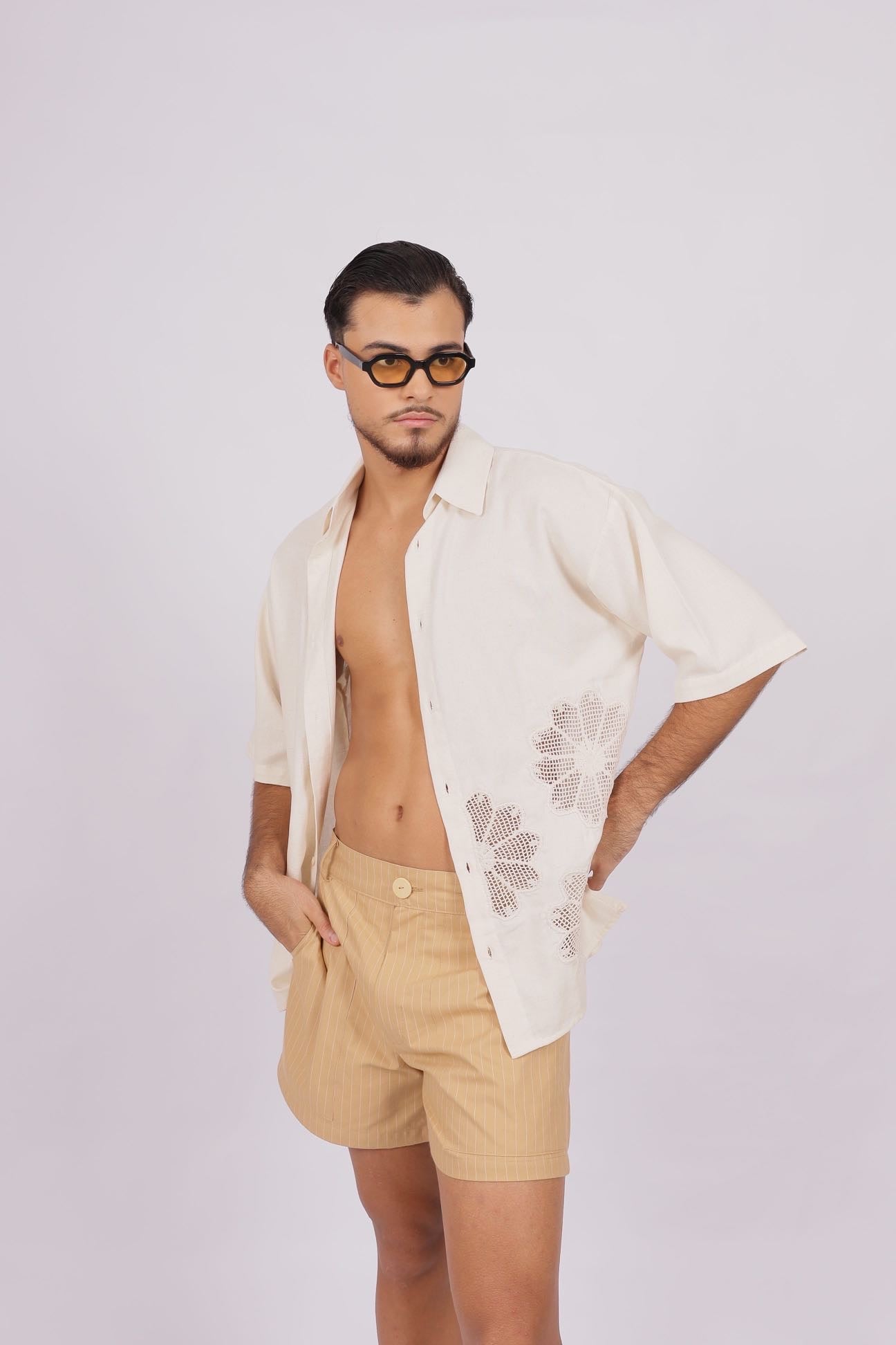 Camisa Linho Flores Renda Off White