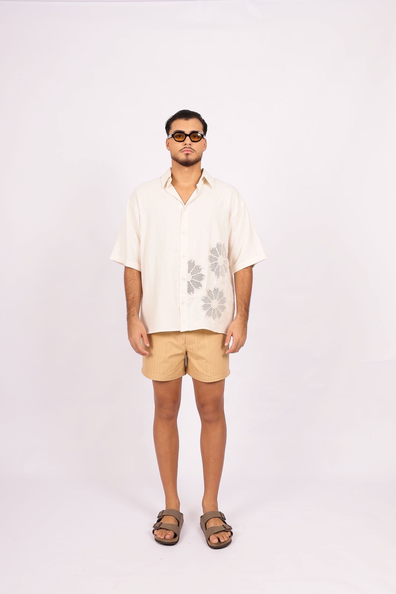 Camisa Linho Flores Renda Off White