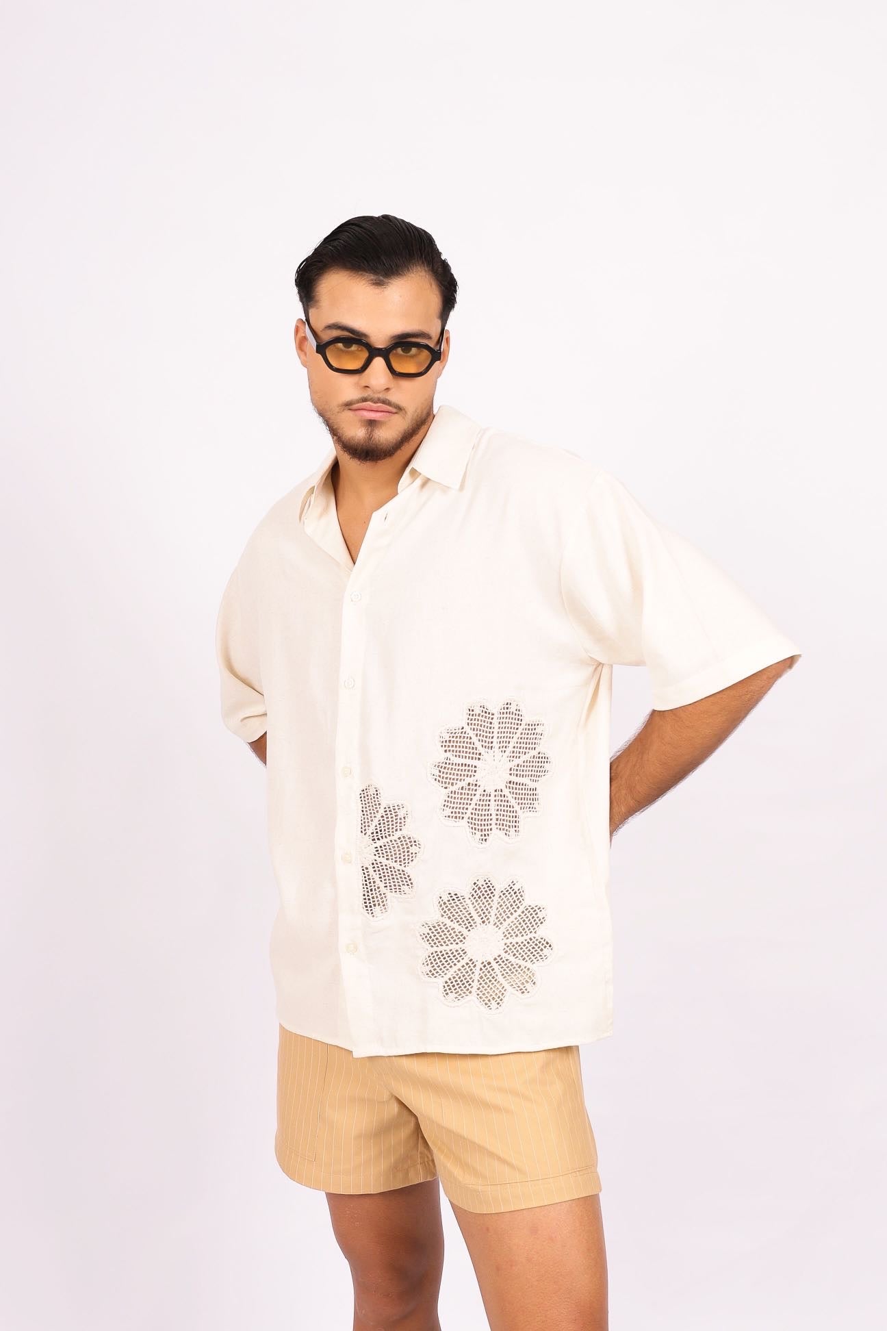 Camisa Linho Flores Renda Off White