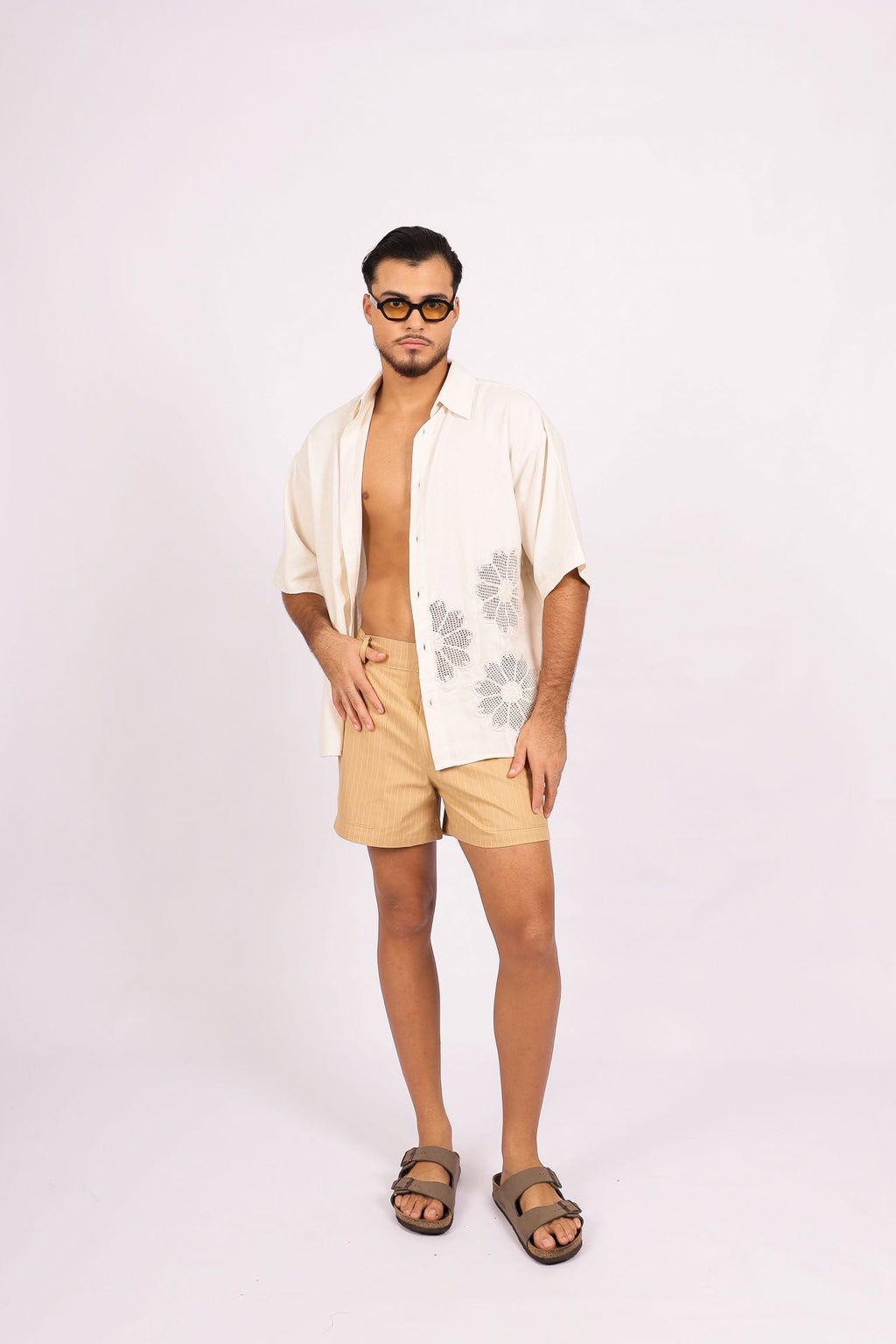 Camisa Linho Flores Renda Off White