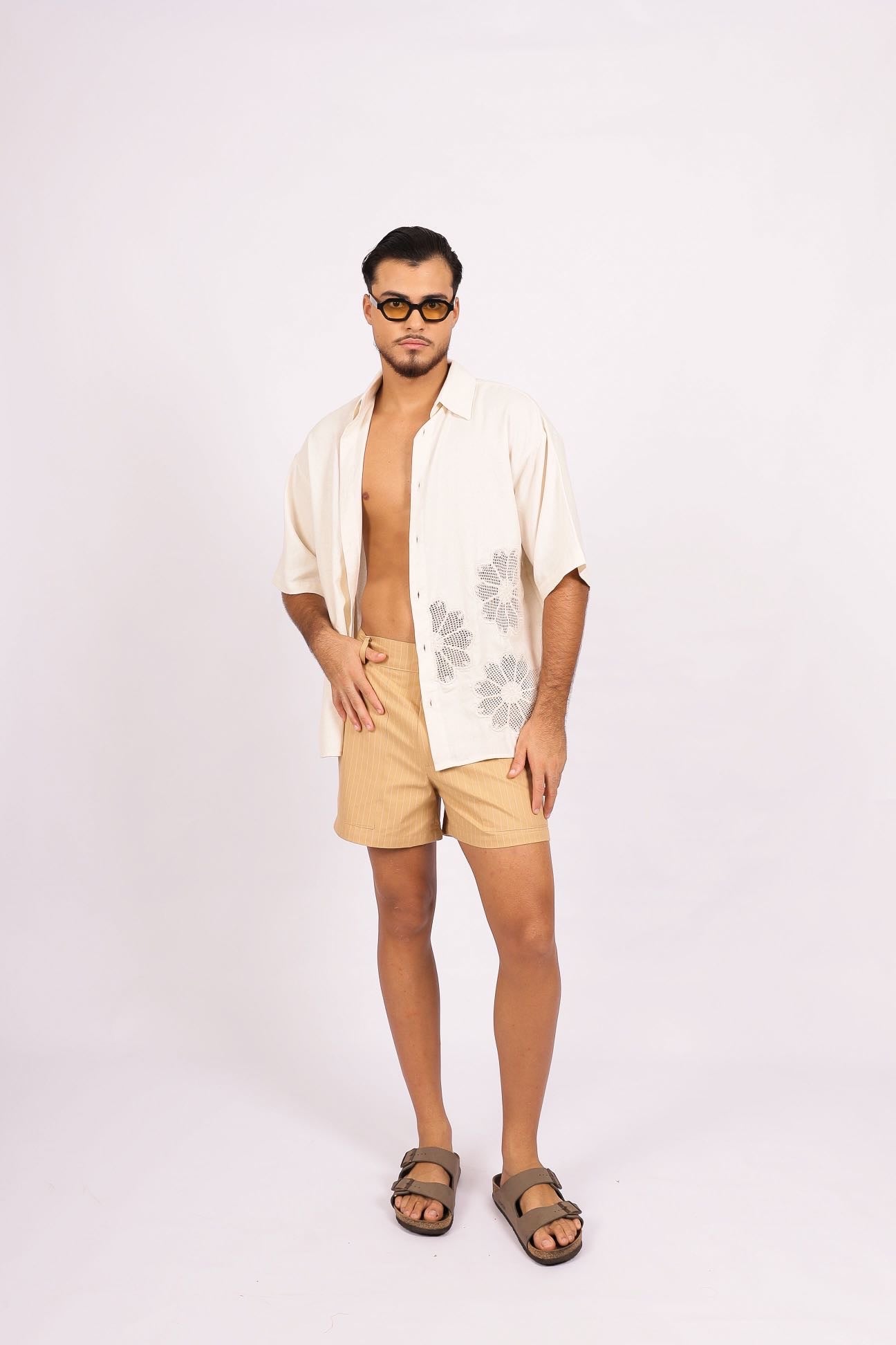 Camisa Linho Flores Renda Off White