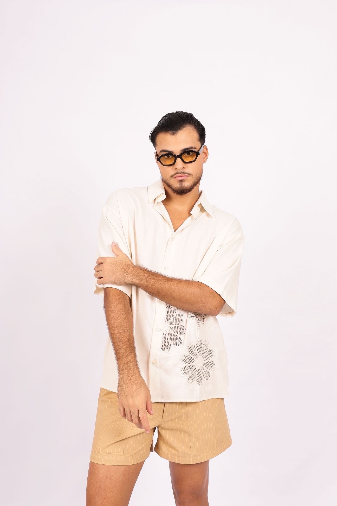 Camisa Linho Flores Renda Off White