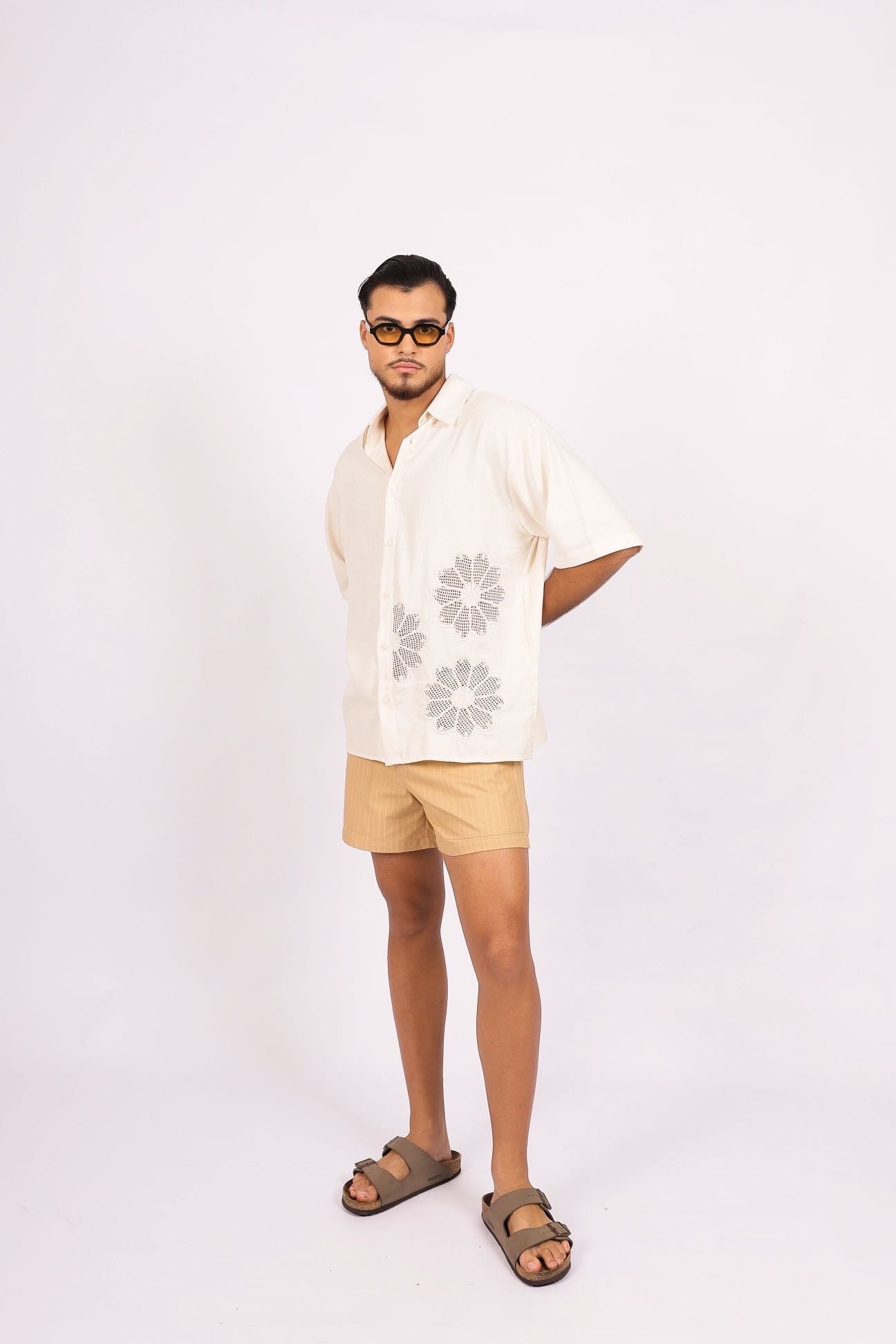 Camisa Linho Flores Renda Off White