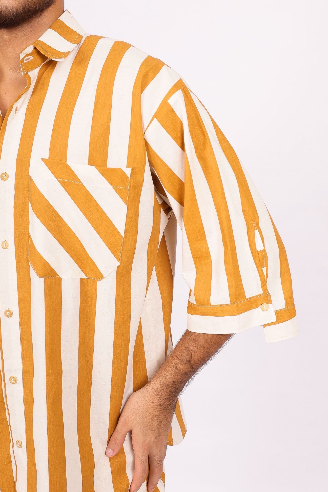 Camisa Oversized Linho Listras Amarela