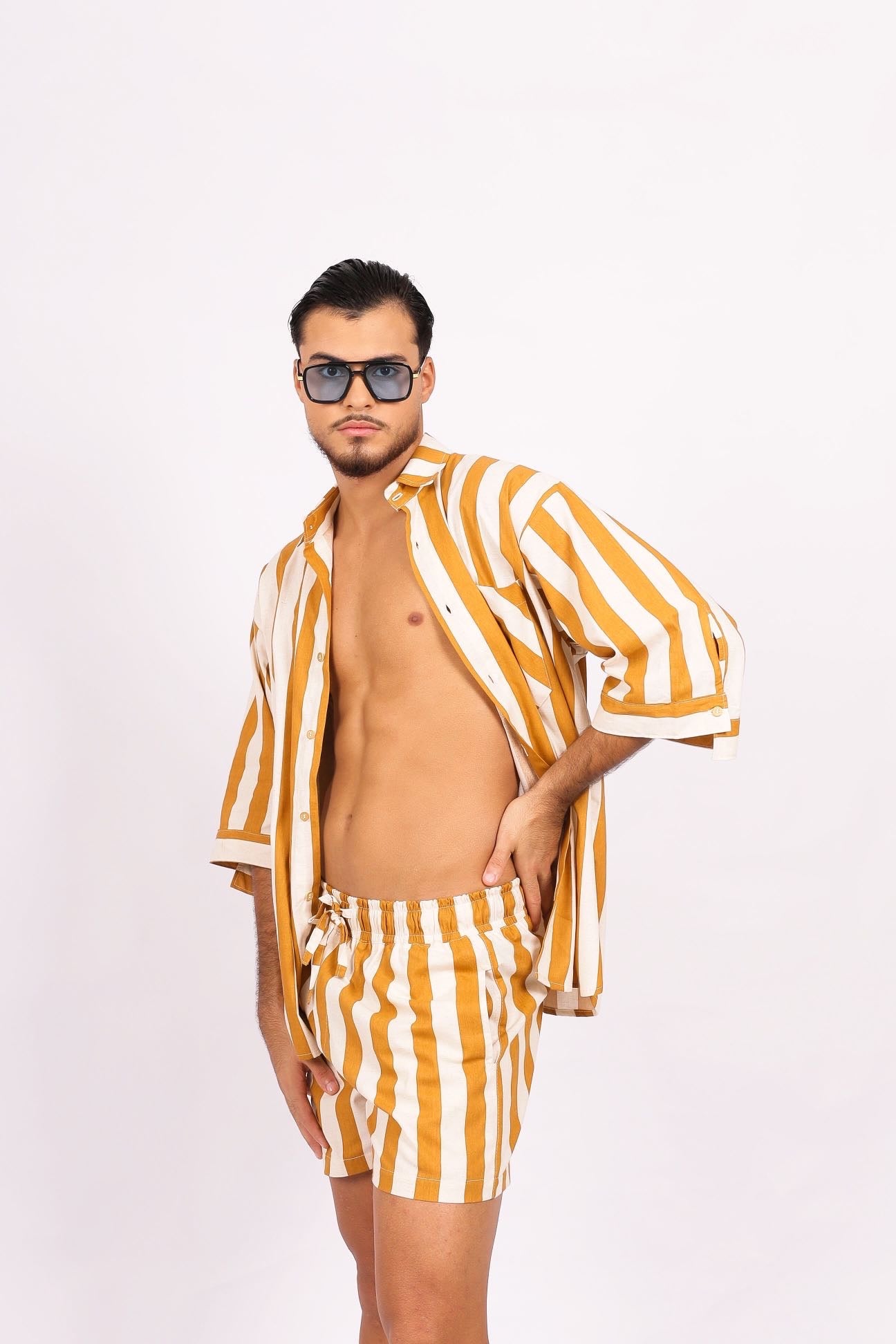 Camisa Oversized Linho Listras Amarela