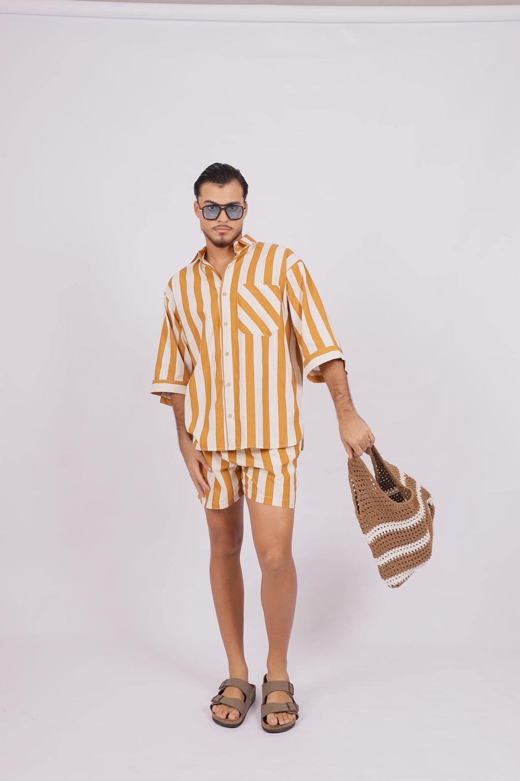Camisa Oversized Linho Listras Amarela