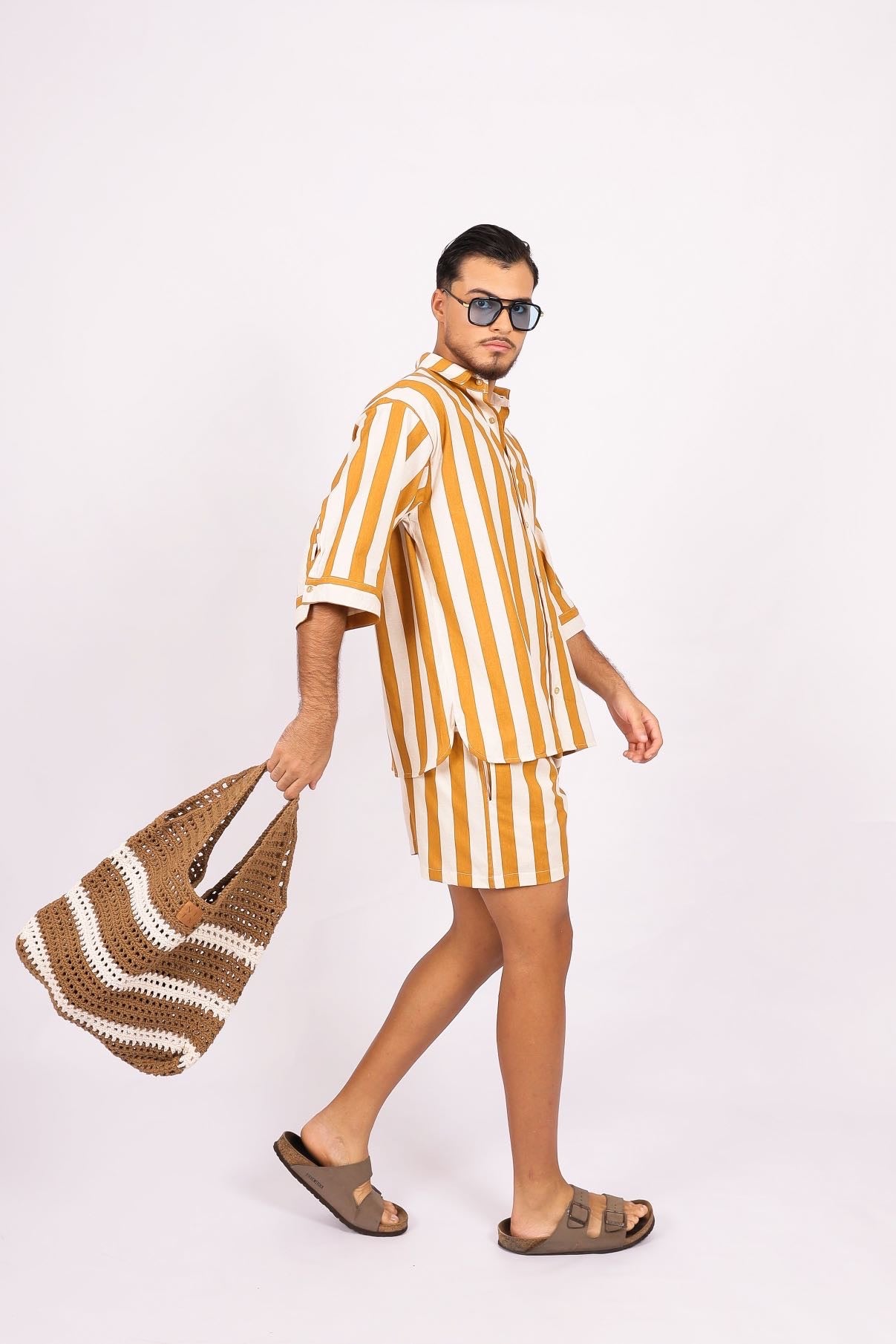 Camisa Oversized Linho Listras Amarela