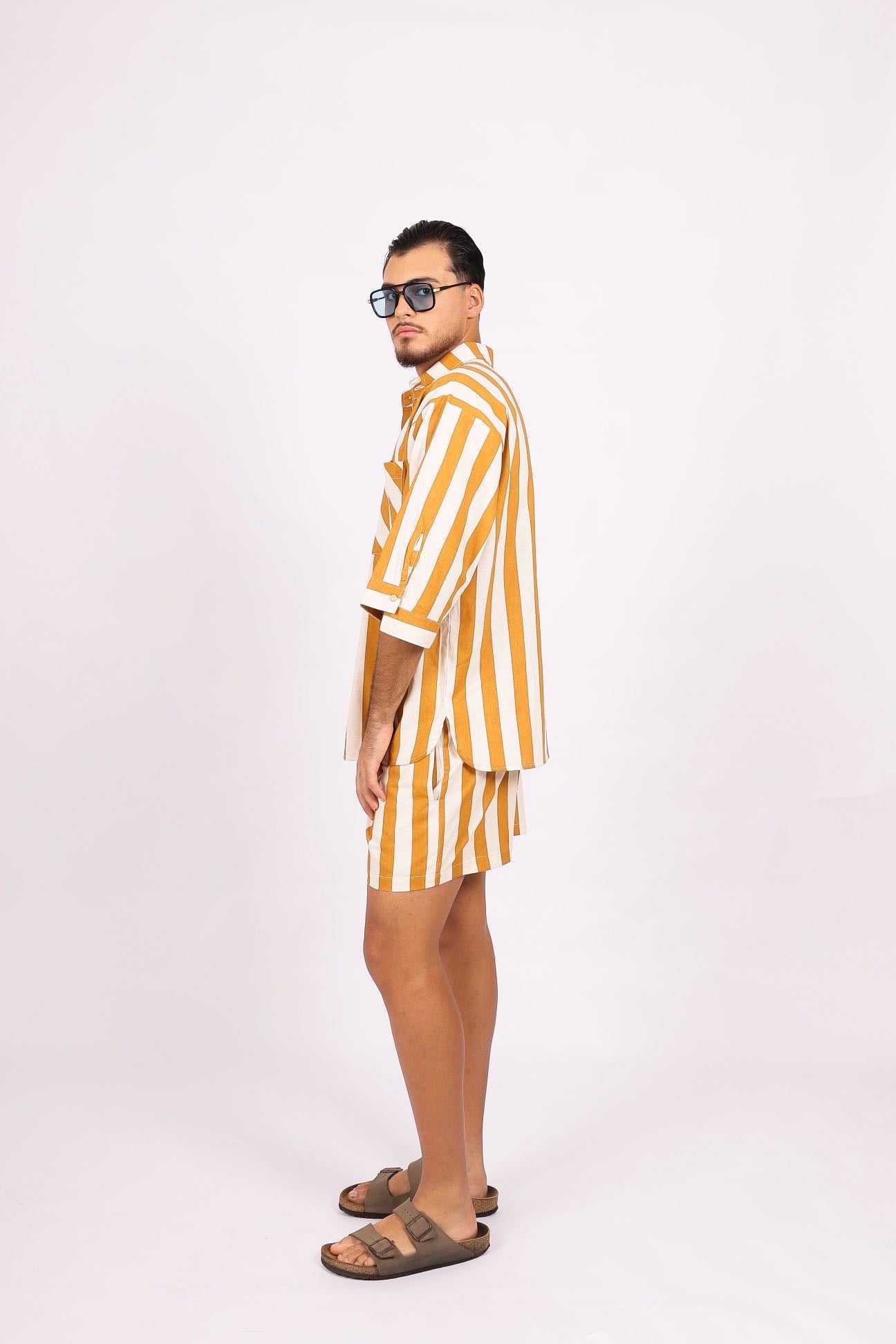 Camisa Oversized Linho Listras Amarela
