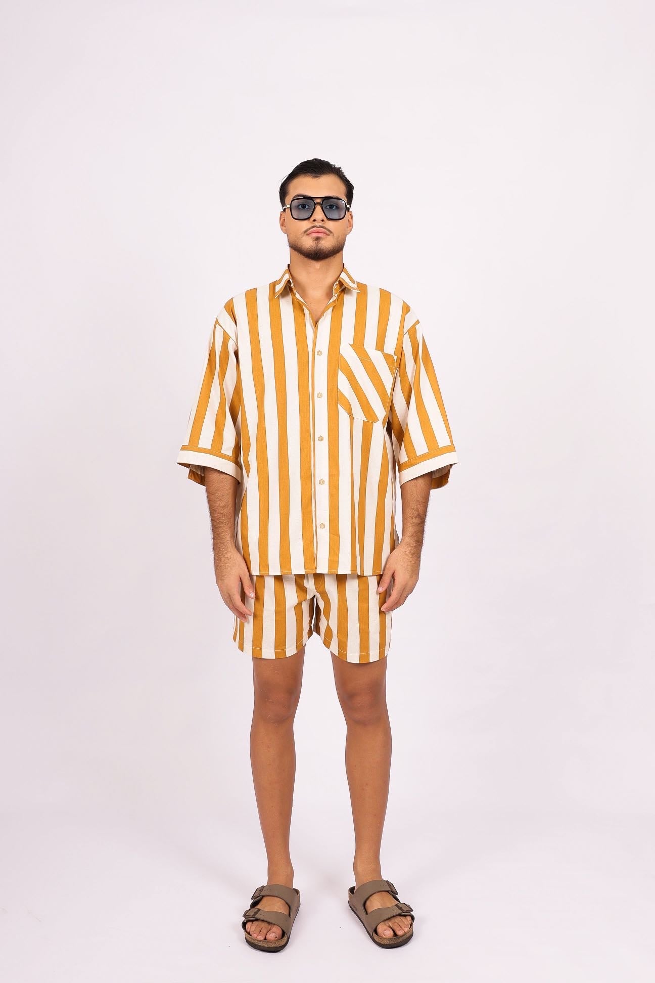 Camisa Oversized Linho Listras Amarela