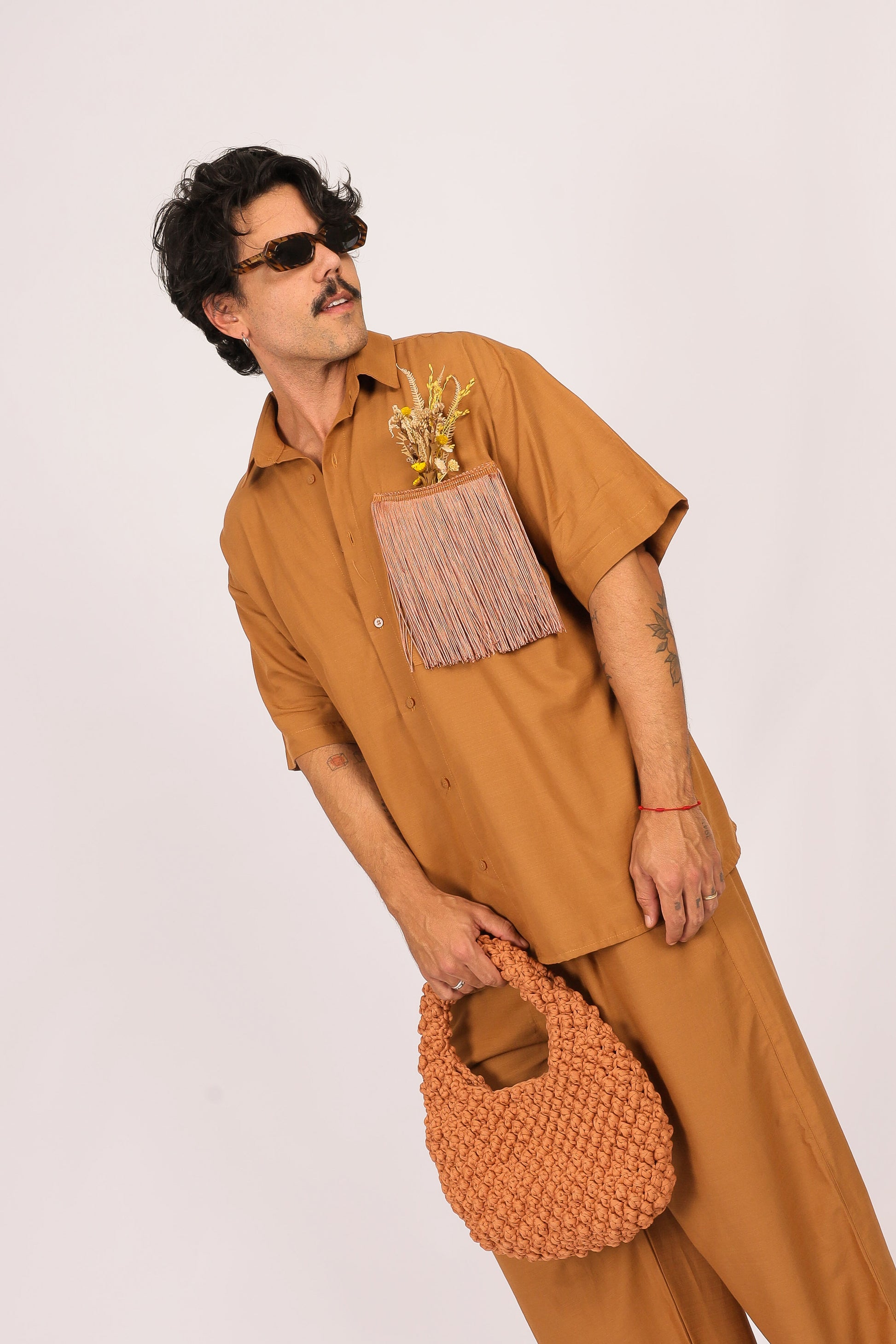 Camisa Ampla Franjas Marrom