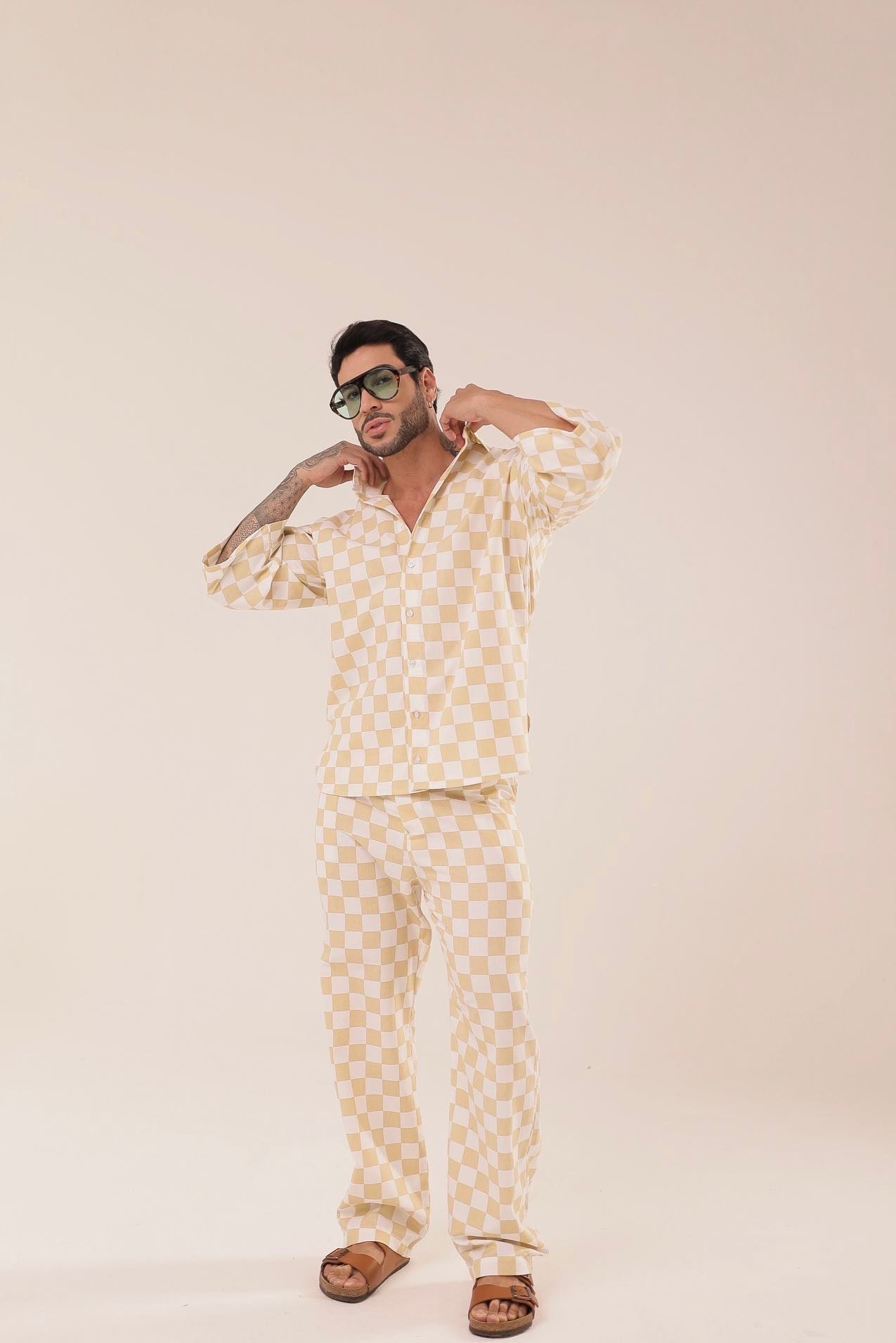 Camisa Linho Oversized de Grid Amarela