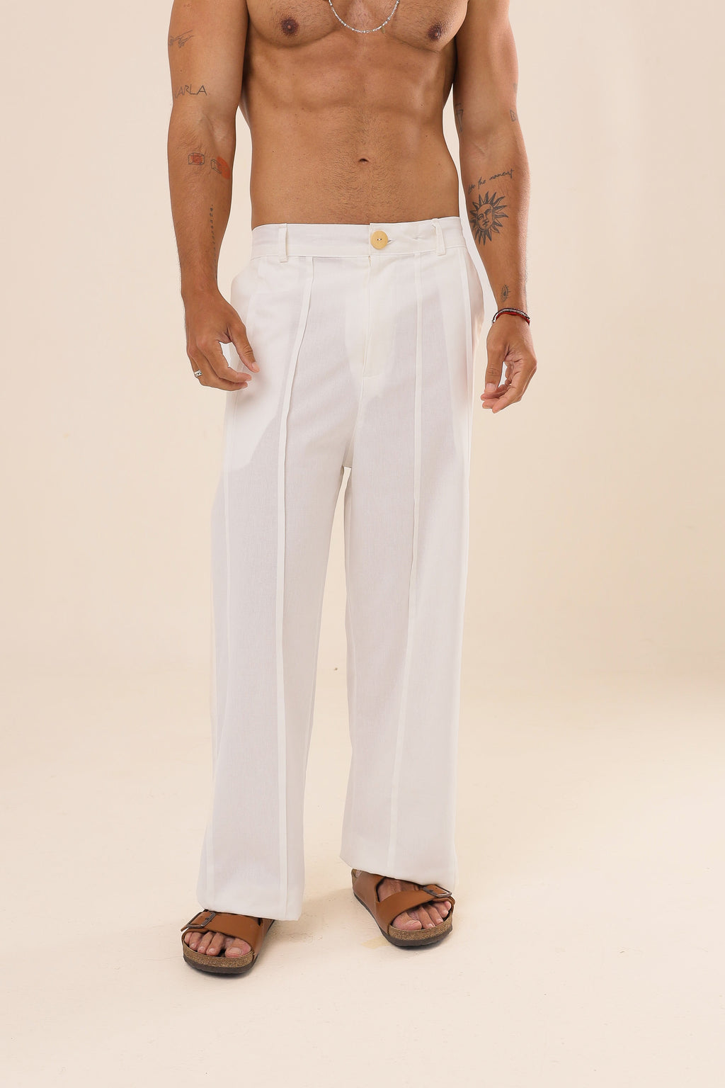Calça Linho Reta Nervuras Branca