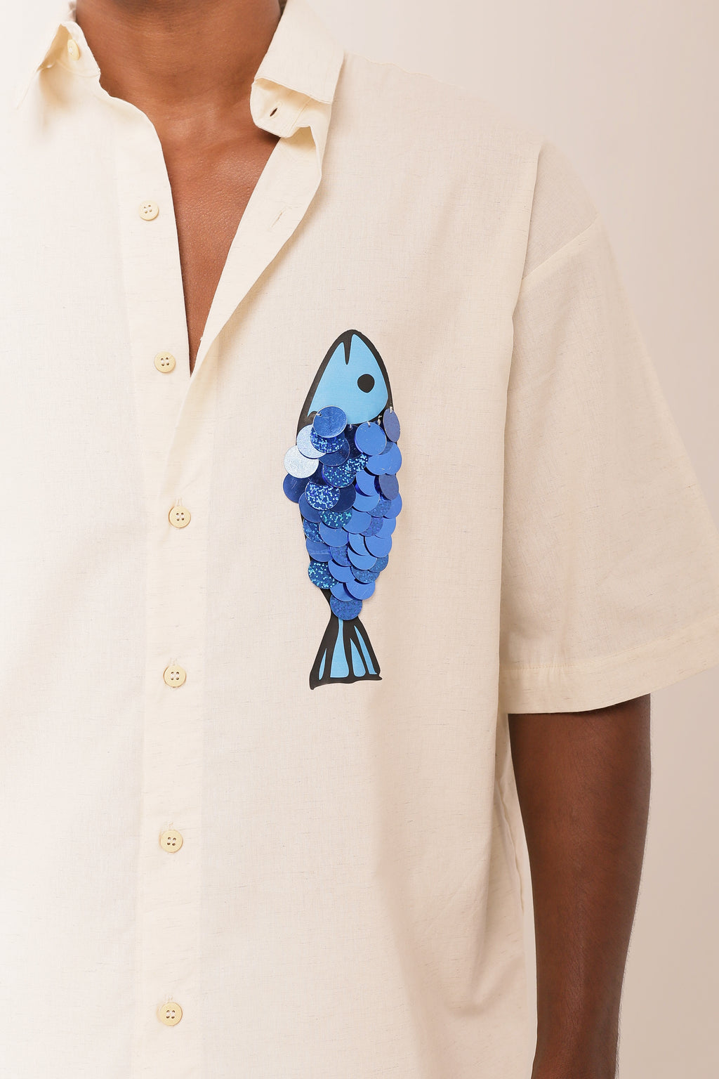 Camisa Linho Peixe Paetê Off White